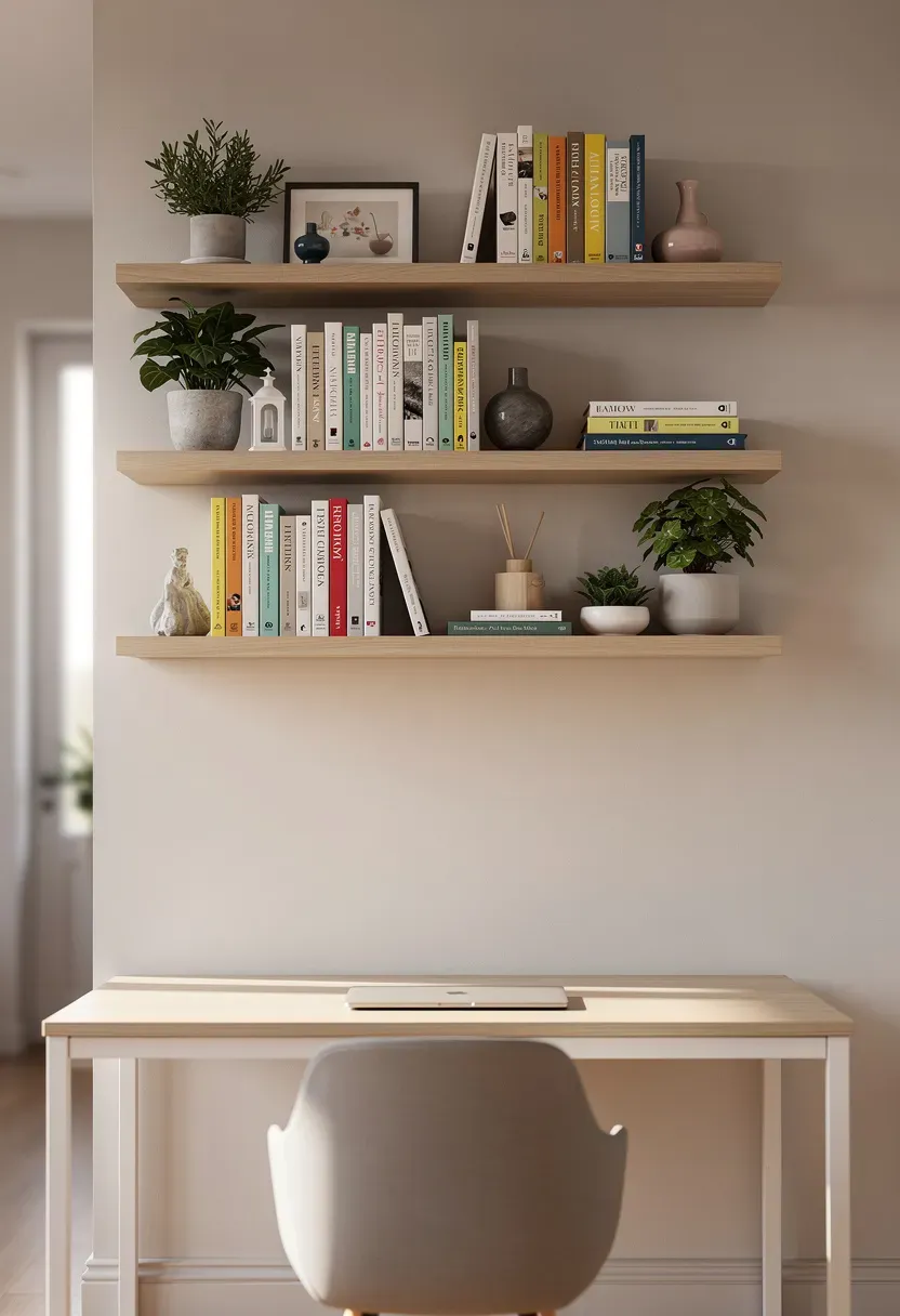 Modern workspace with floating shelves above a desk displaying books and decor.