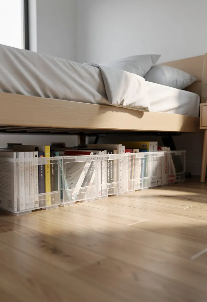 Low-profile under-bed bookshelf organized with clear bins in a small bedroom.