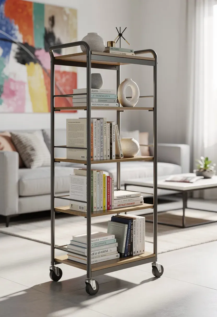 Narrow bookshelf cart on wheels filled with books in a modern living area.
