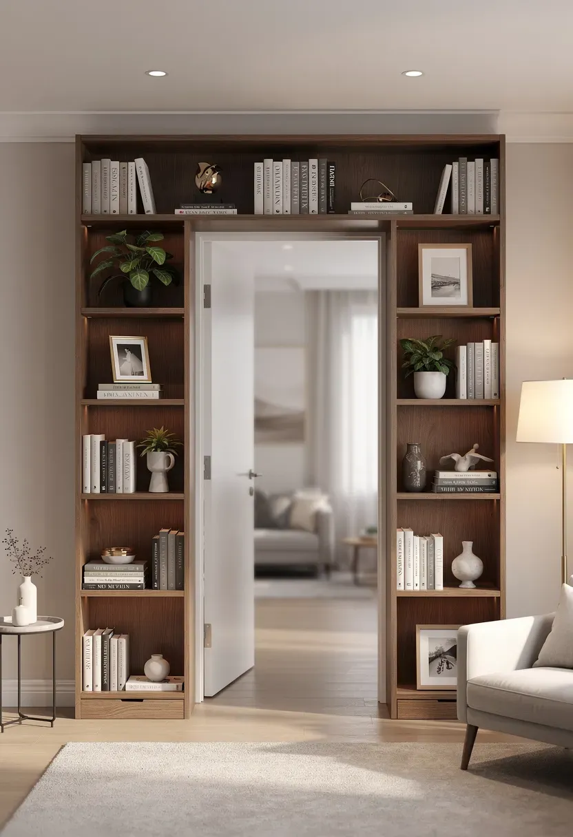 Creative built-in shelves around a doorway showcasing books and decor.
