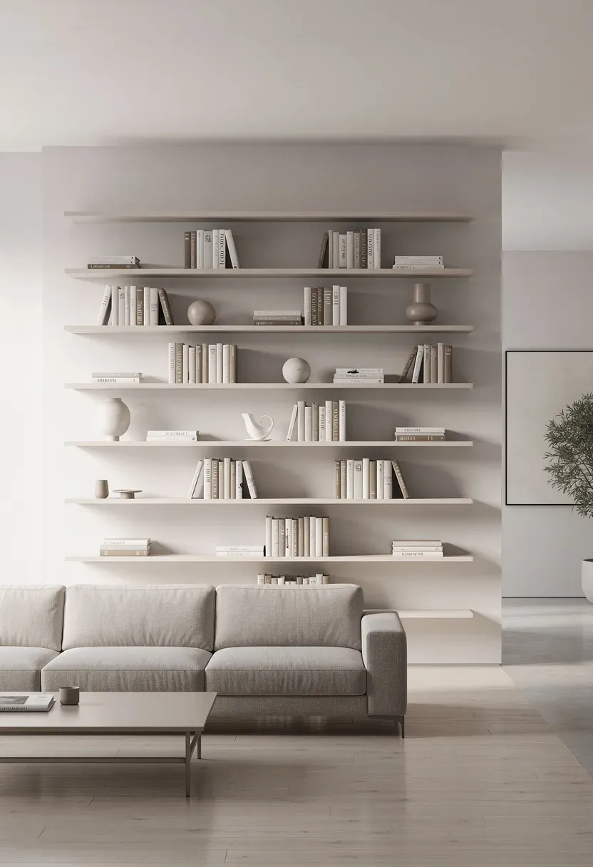 Minimalist room with wall-mounted bookshelves showcasing books and decor.