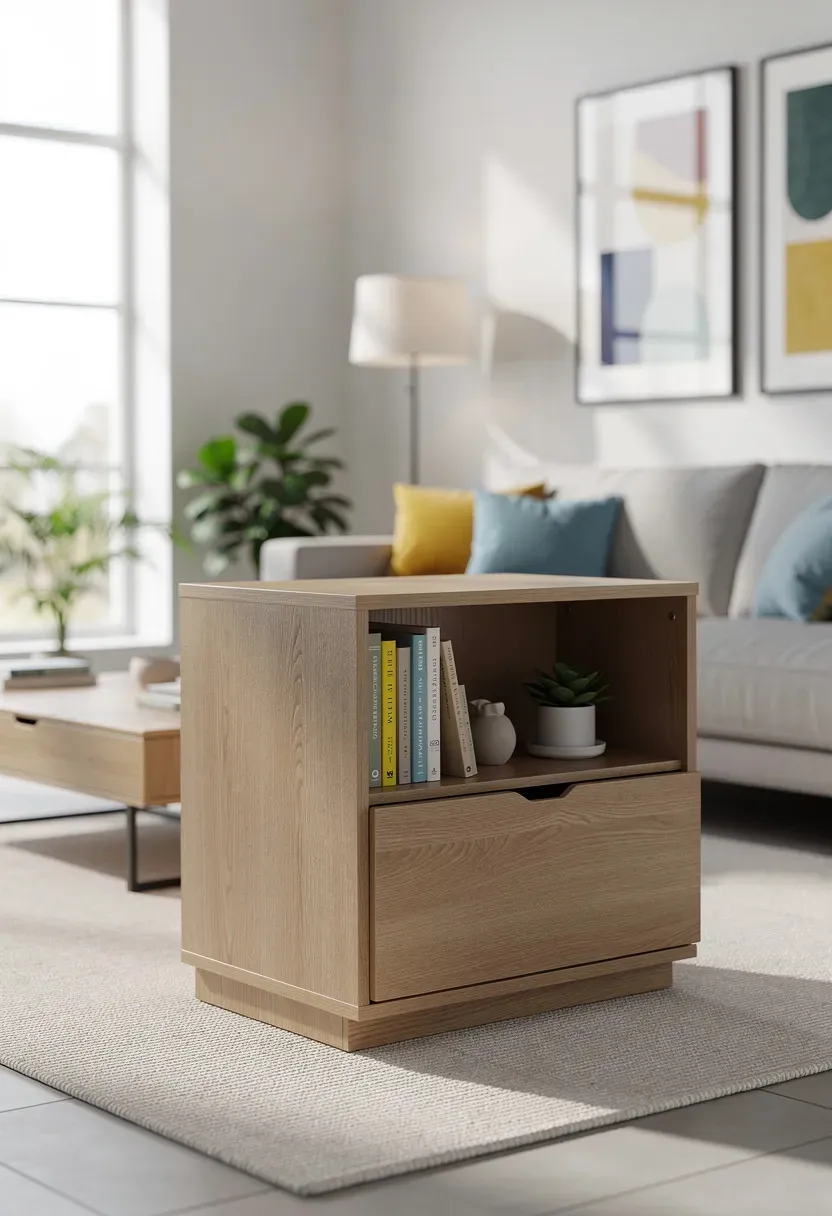Living area featuring multi-functional furniture with built-in bookshelves.