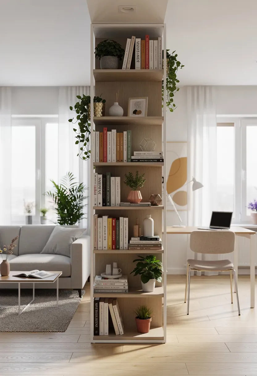 Bookshelf divider used to separate spaces in a stylish open-plan living area.