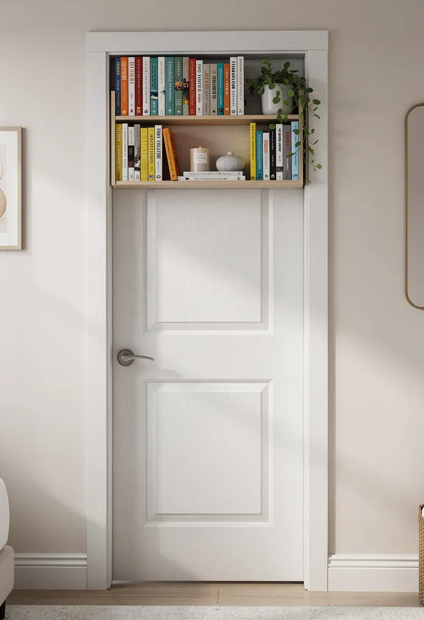 Innovative over-the-door bookshelf showcasing books in a compact bedroom.