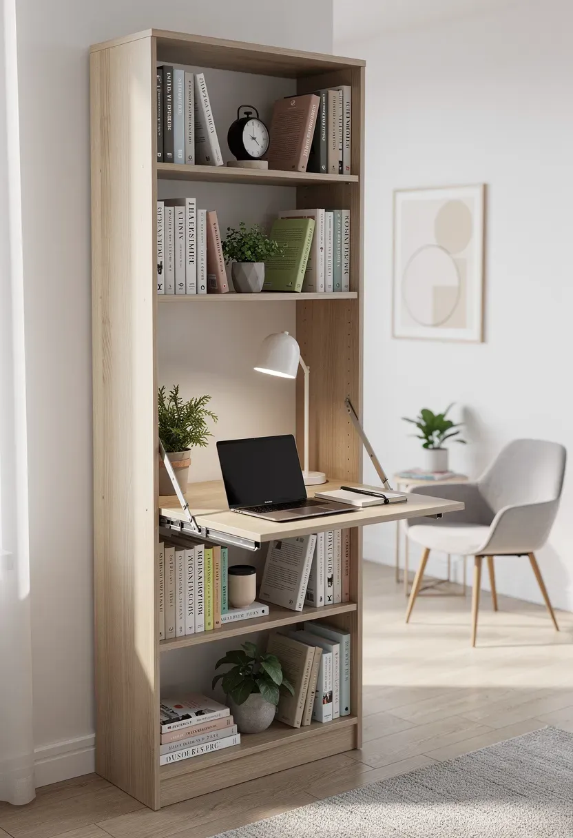 Multifunctional bookcase with a fold-down desk in a small stylish room.