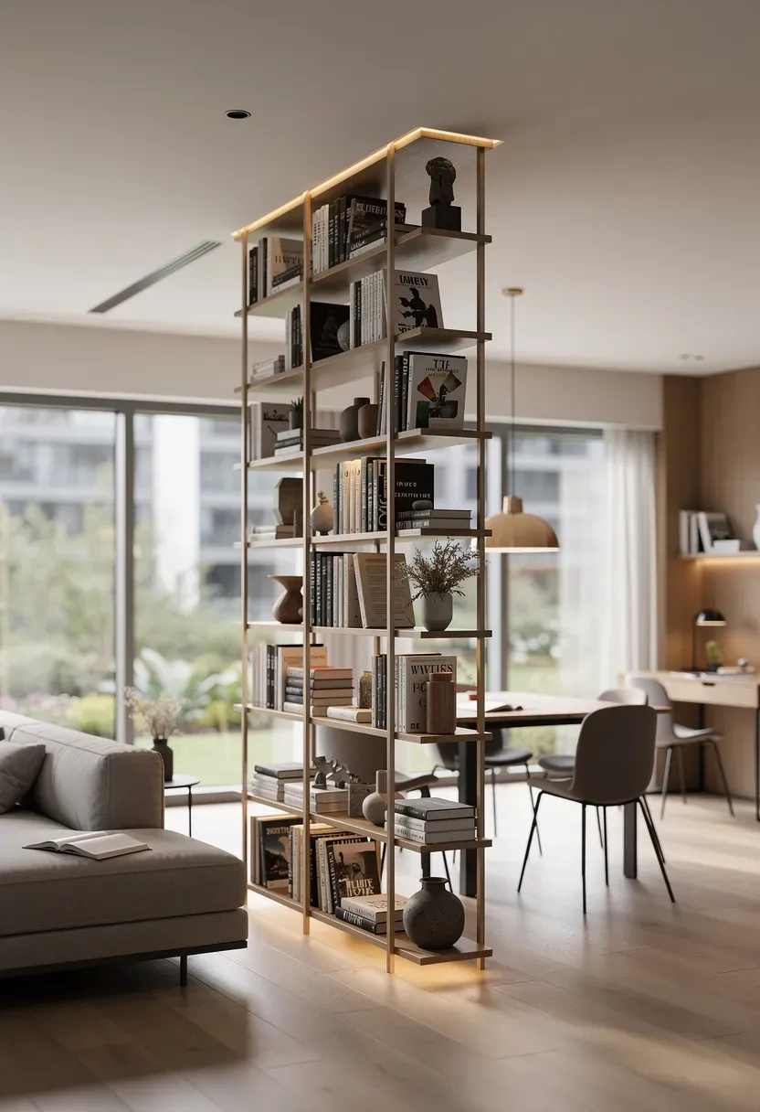 Bookshelves used as room partitions in a spacious open-plan living area.