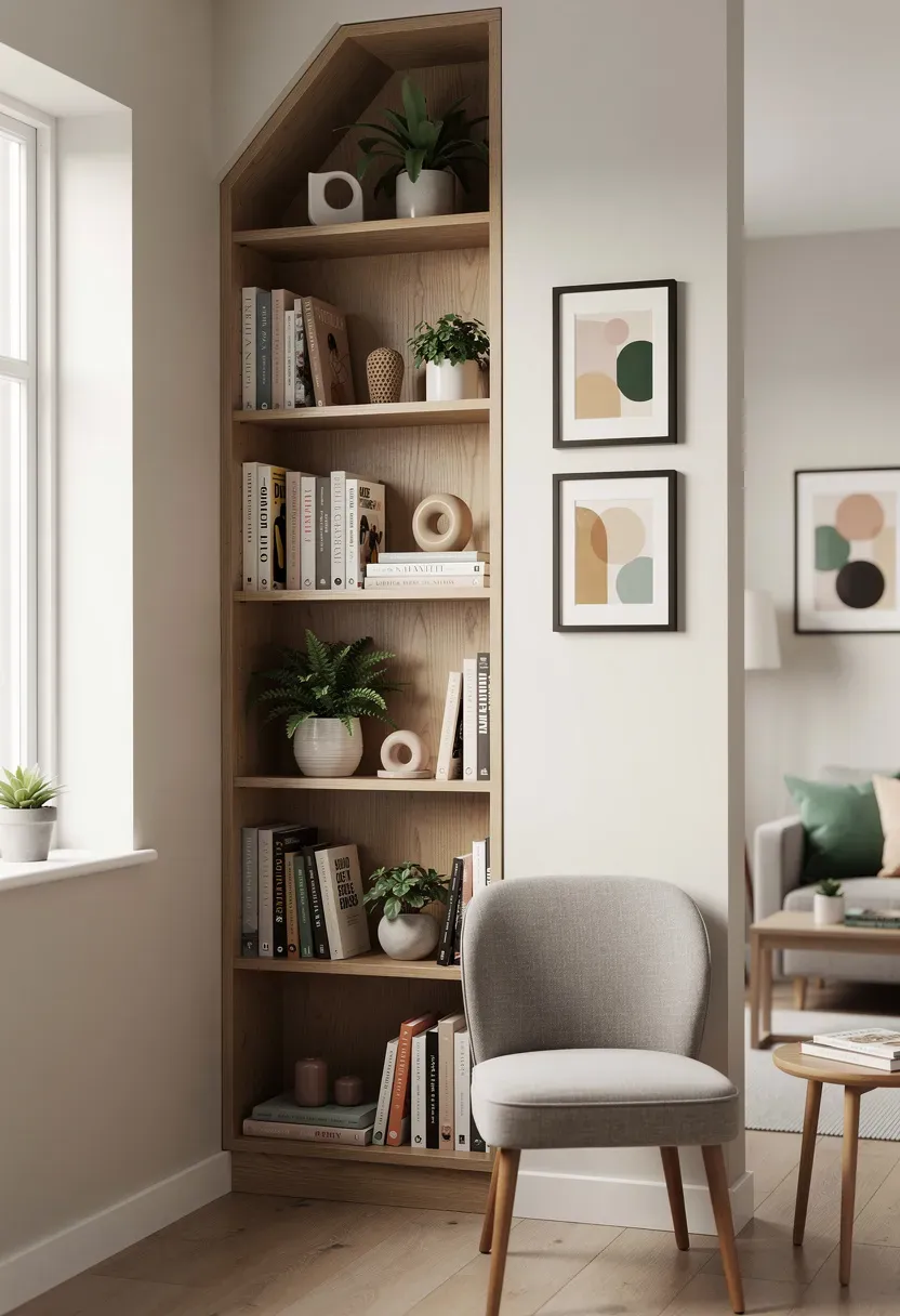 Bespoke bookshelf tailored to a small space showcasing books and decor.