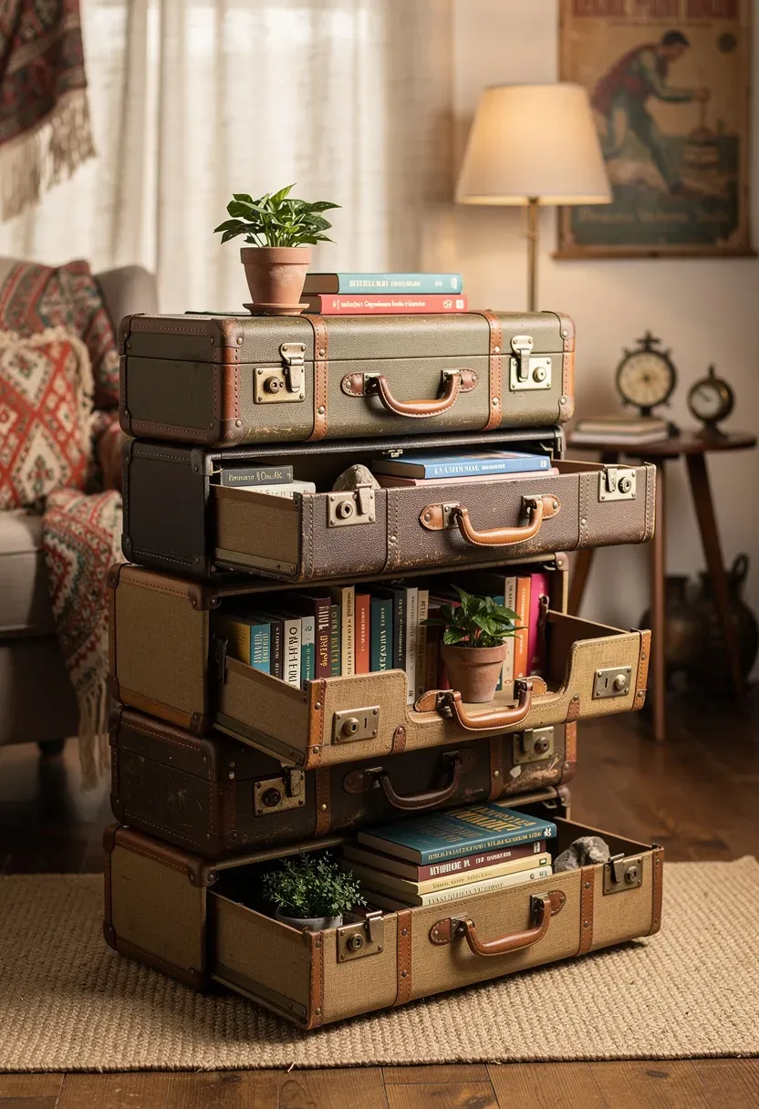 Creative stacked vintage suitcases used as bookshelves in a cozy room.