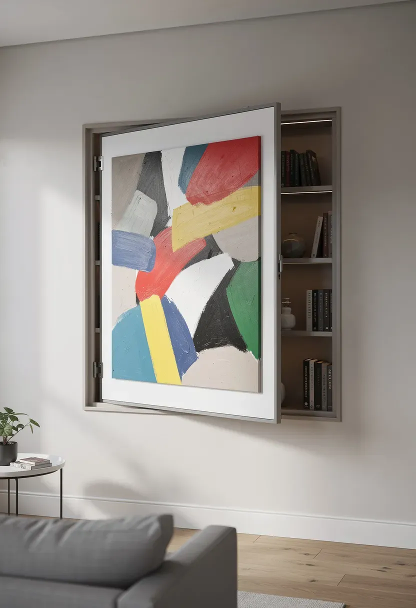 Clever design featuring hidden bookshelves behind artwork in a stylish room.