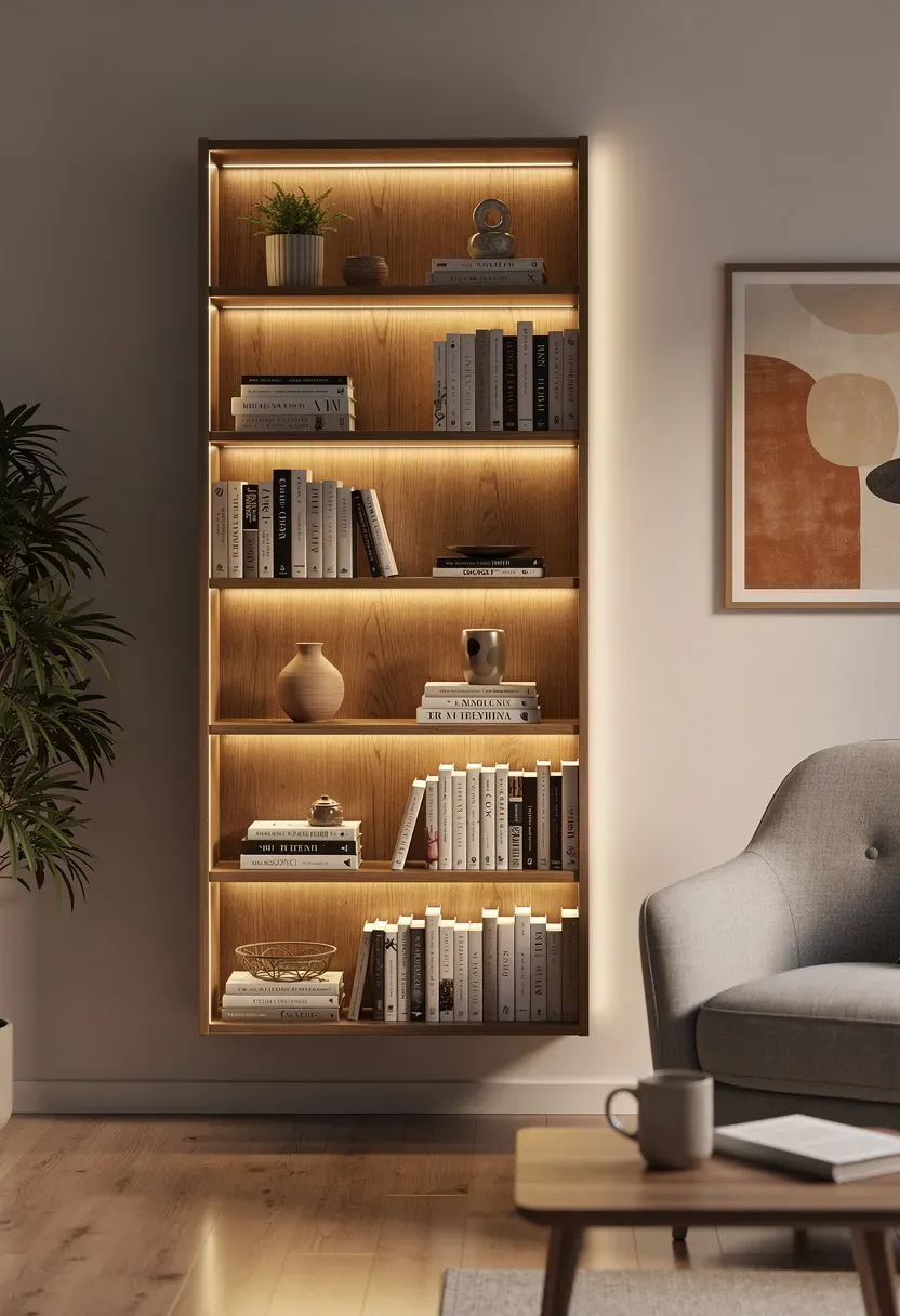 Bookshelf with integrated lighting illuminating books in a modern living area.
