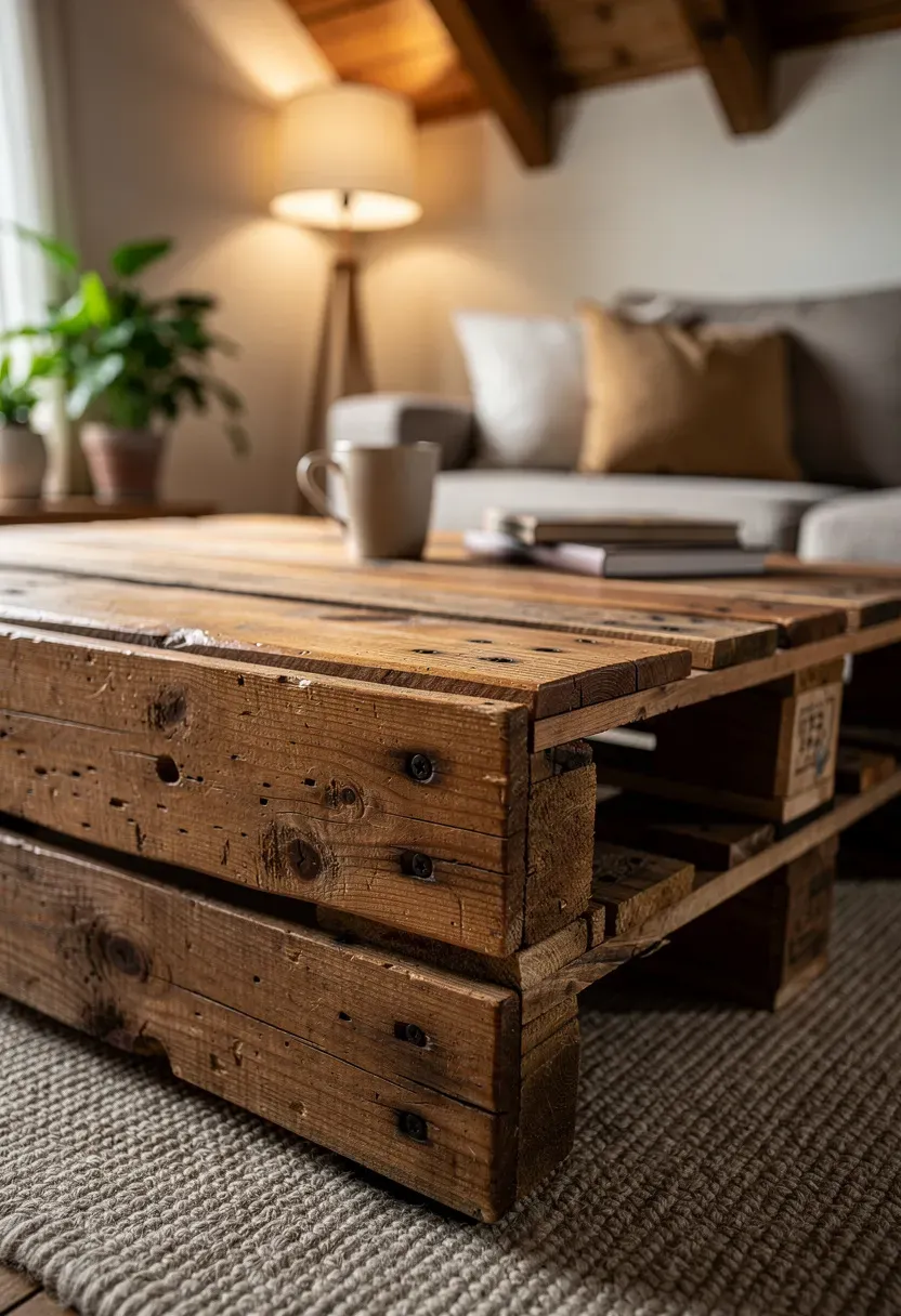A rustic coffee table constructed from wooden pallets in a warm living room.