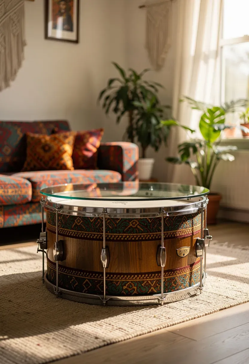 A decorative drum serving as a coffee table with a glass top in a bohemian living room.