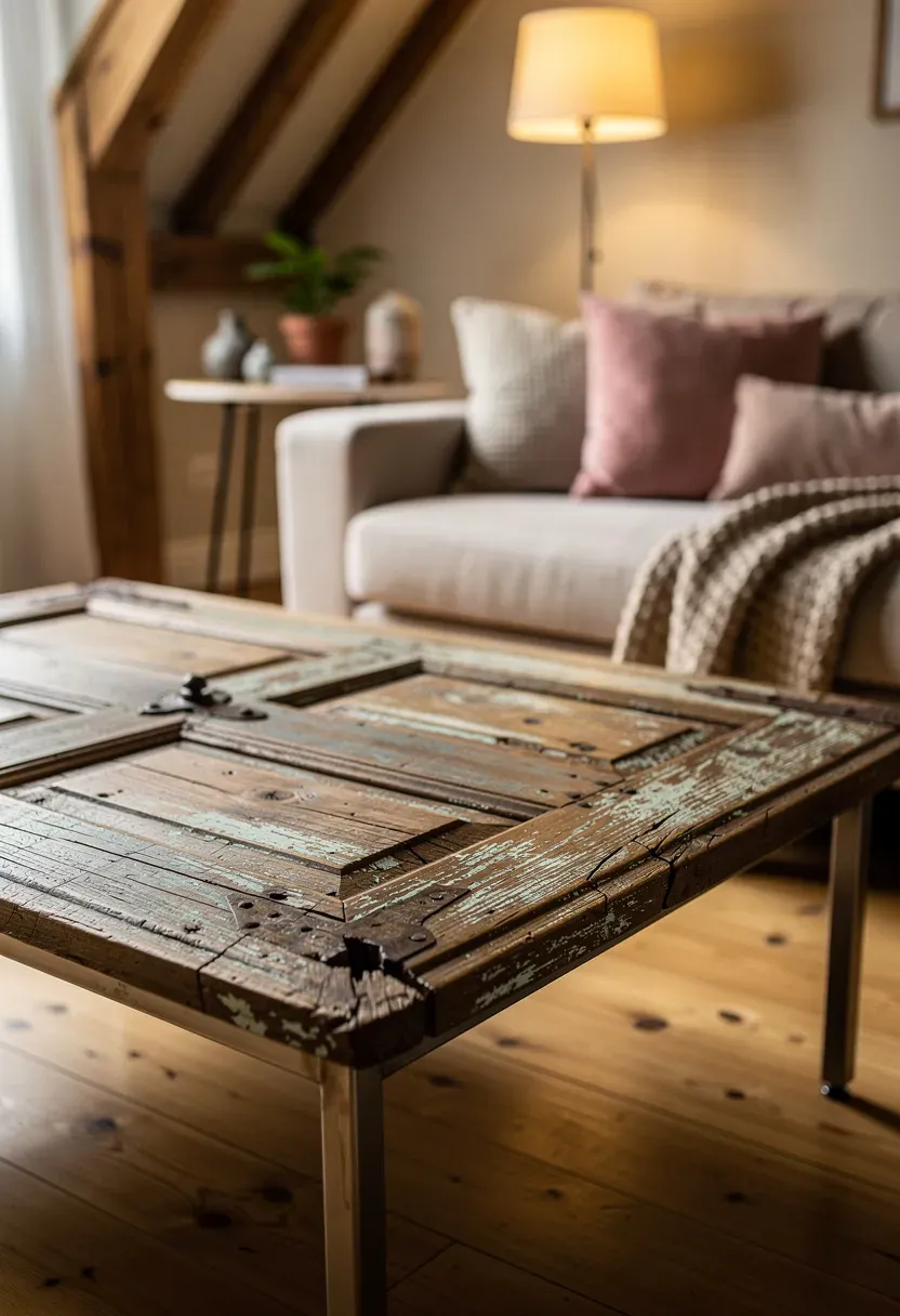 A trendy coffee table crafted from an old door in a rustic living room.