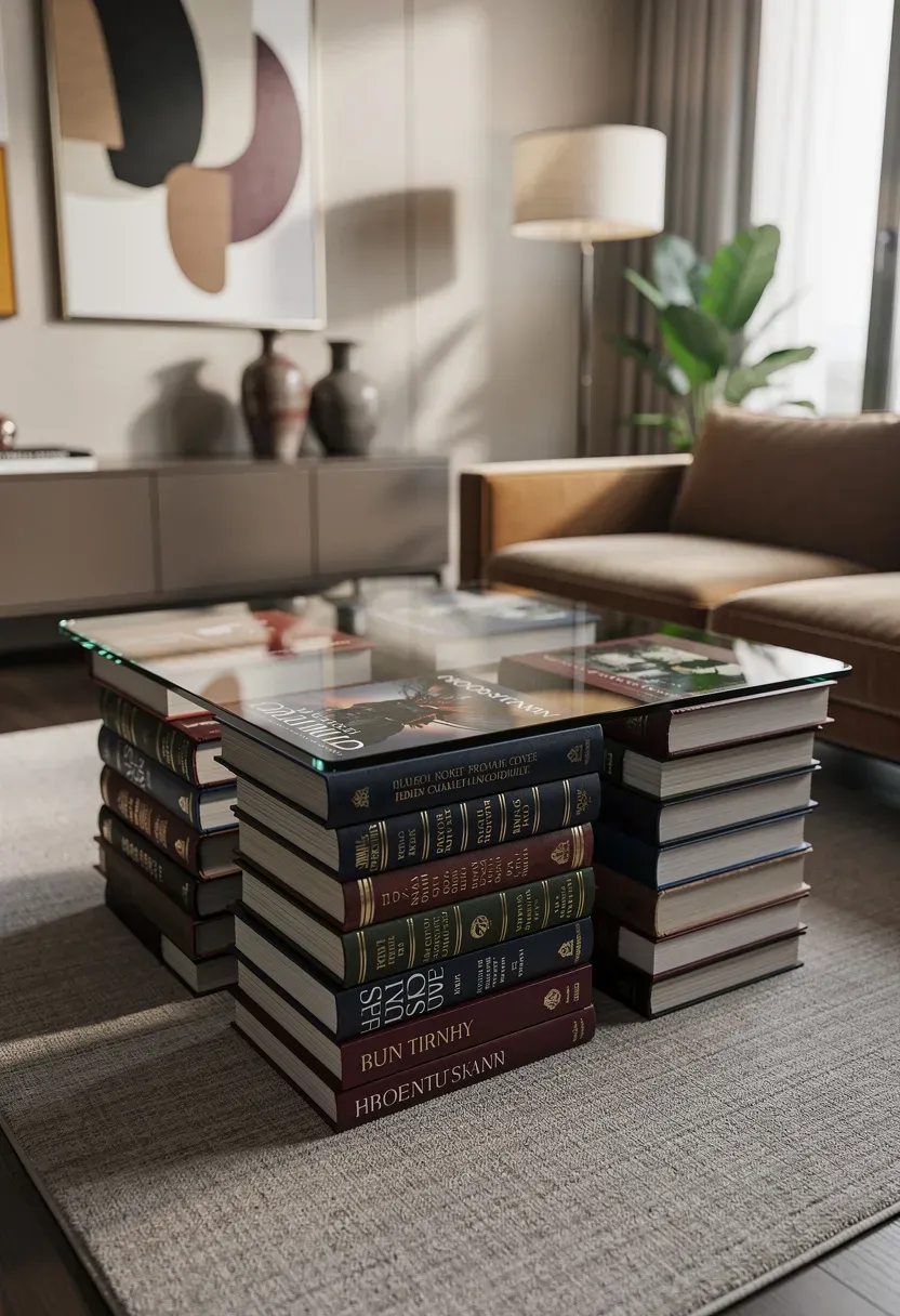 A creative coffee table base made from stacked coffee table books in a chic living room.