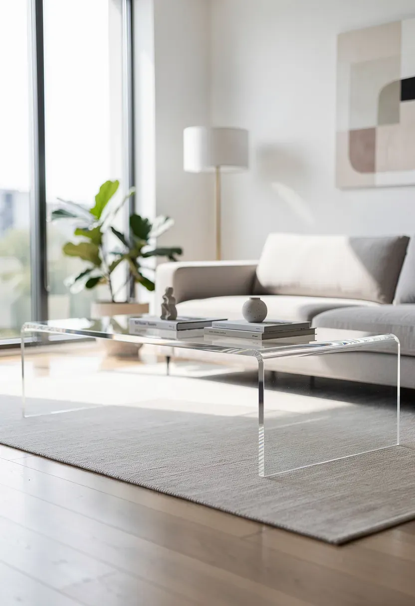 A modern acrylic coffee table enhancing light and space in a bright living room.