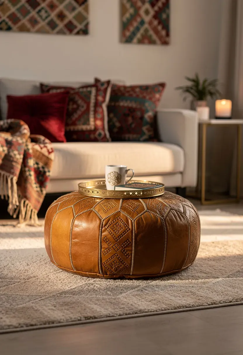 A cozy Moroccan pouf serving as a coffee table alternative in a relaxed living room.