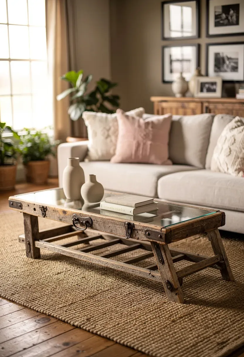 A creative coffee table made from a vintage ladder in a cozy living room.