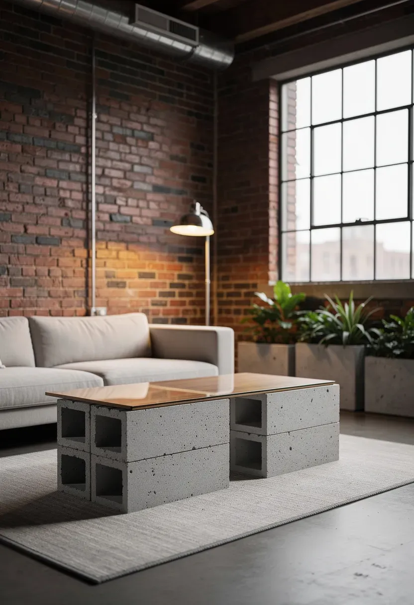 An urban coffee table made from cement blocks in a modern living room.