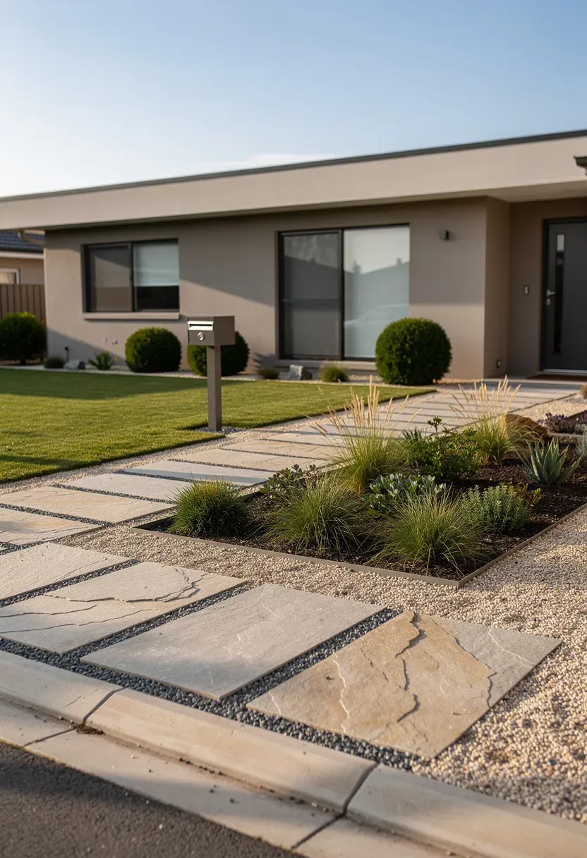 A minimalist front yard with a sleek stone pathway and native plants.