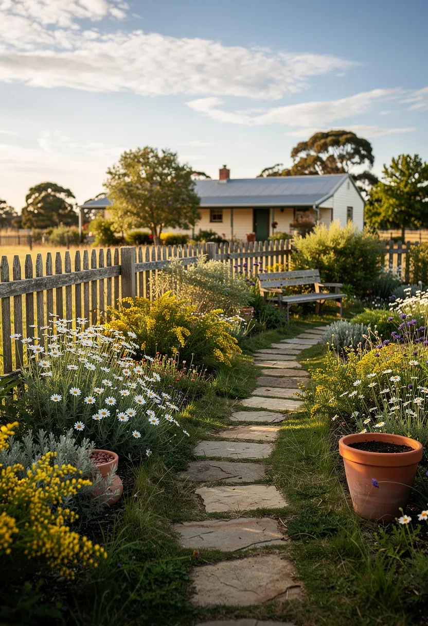 A charming country garden with rustic wooden fences and native flowering plants.