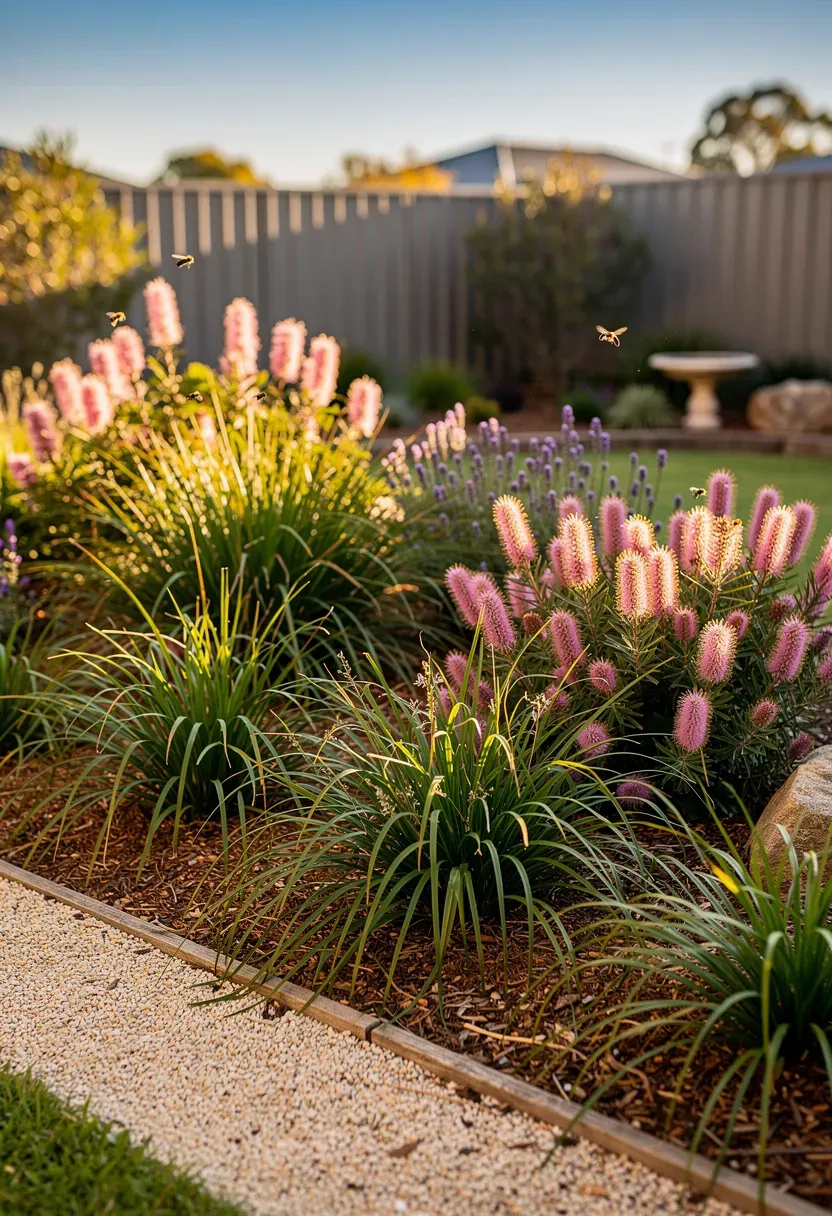 A low maintenance garden featuring native Australian plants like lomandra.