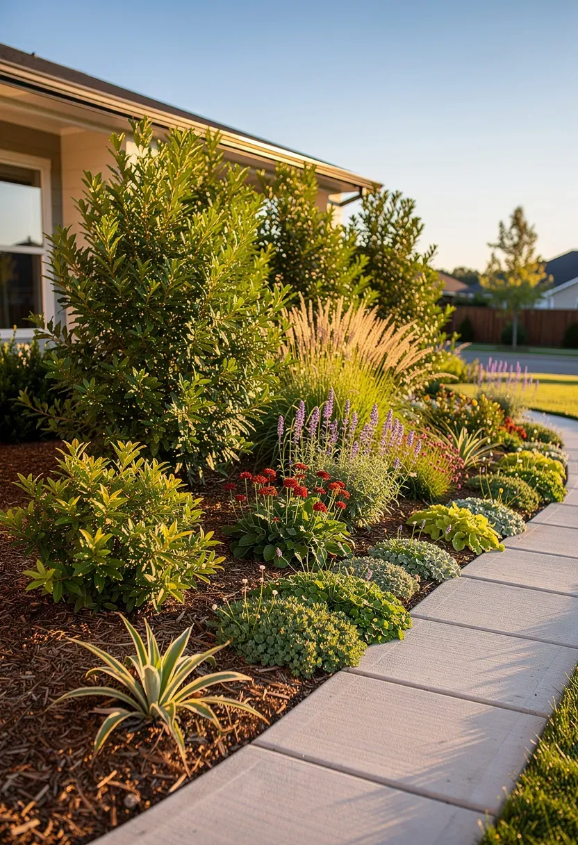 A front yard featuring layered planting with native shrubs and ground covers.