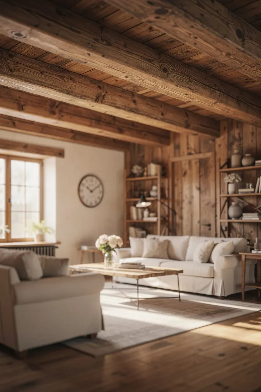 Cozy living room featuring exposed reclaimed wood beams and warm furnishings.
