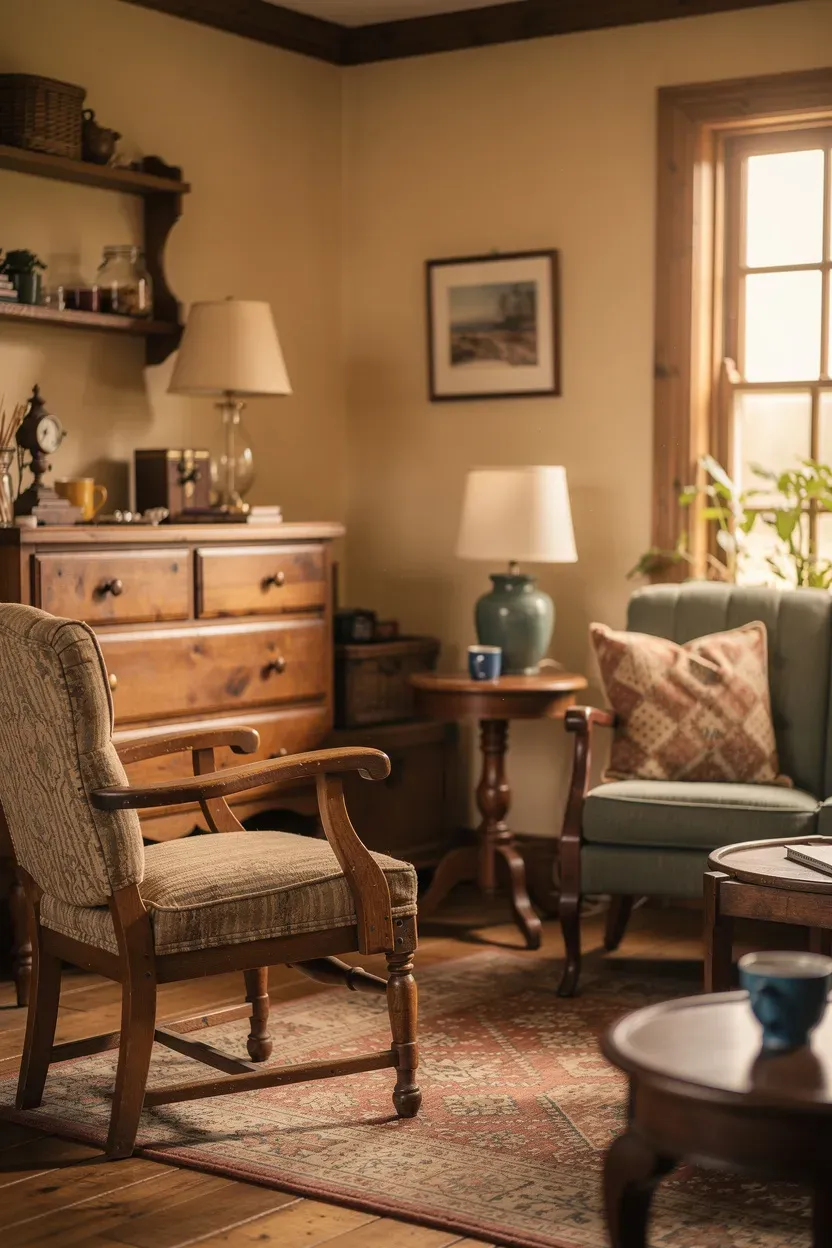 Rustic living room featuring vintage furniture pieces as focal points.