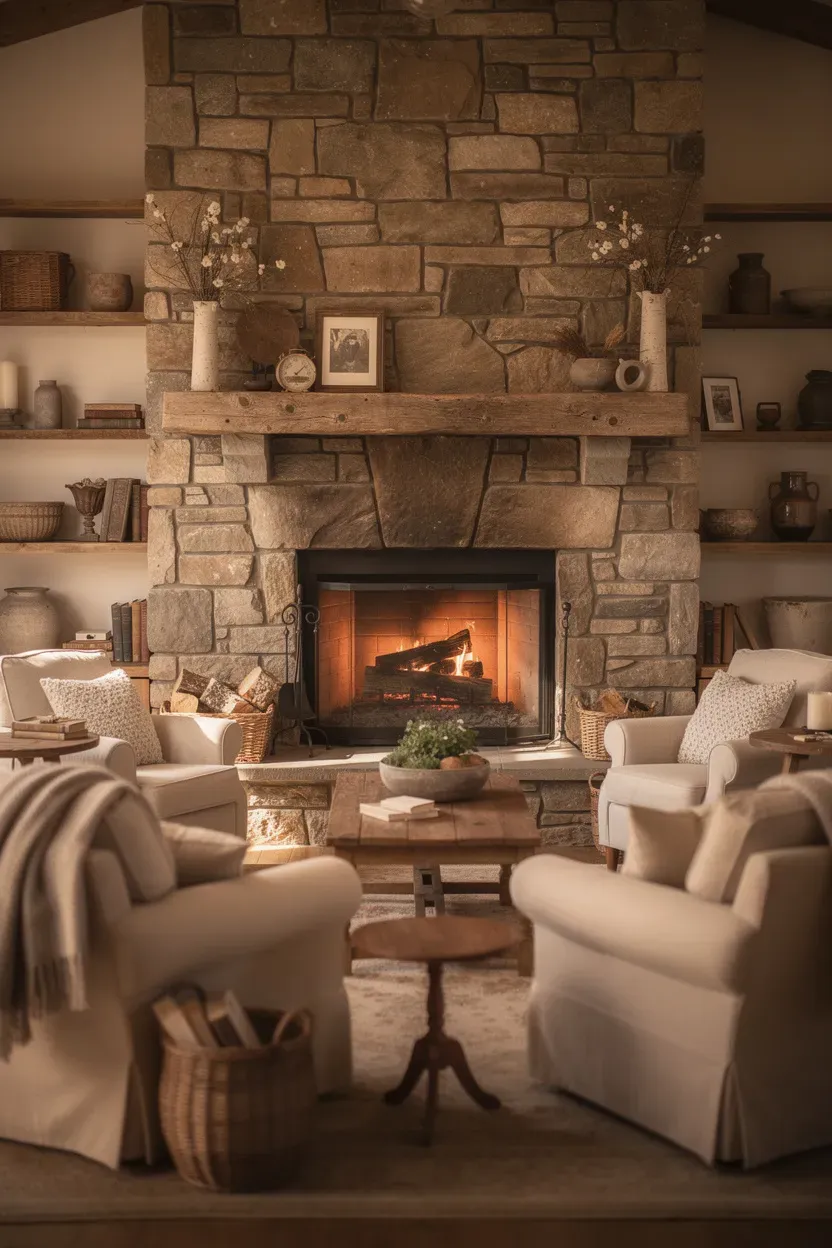 Stone fireplace as the focal point of a cozy country living room.