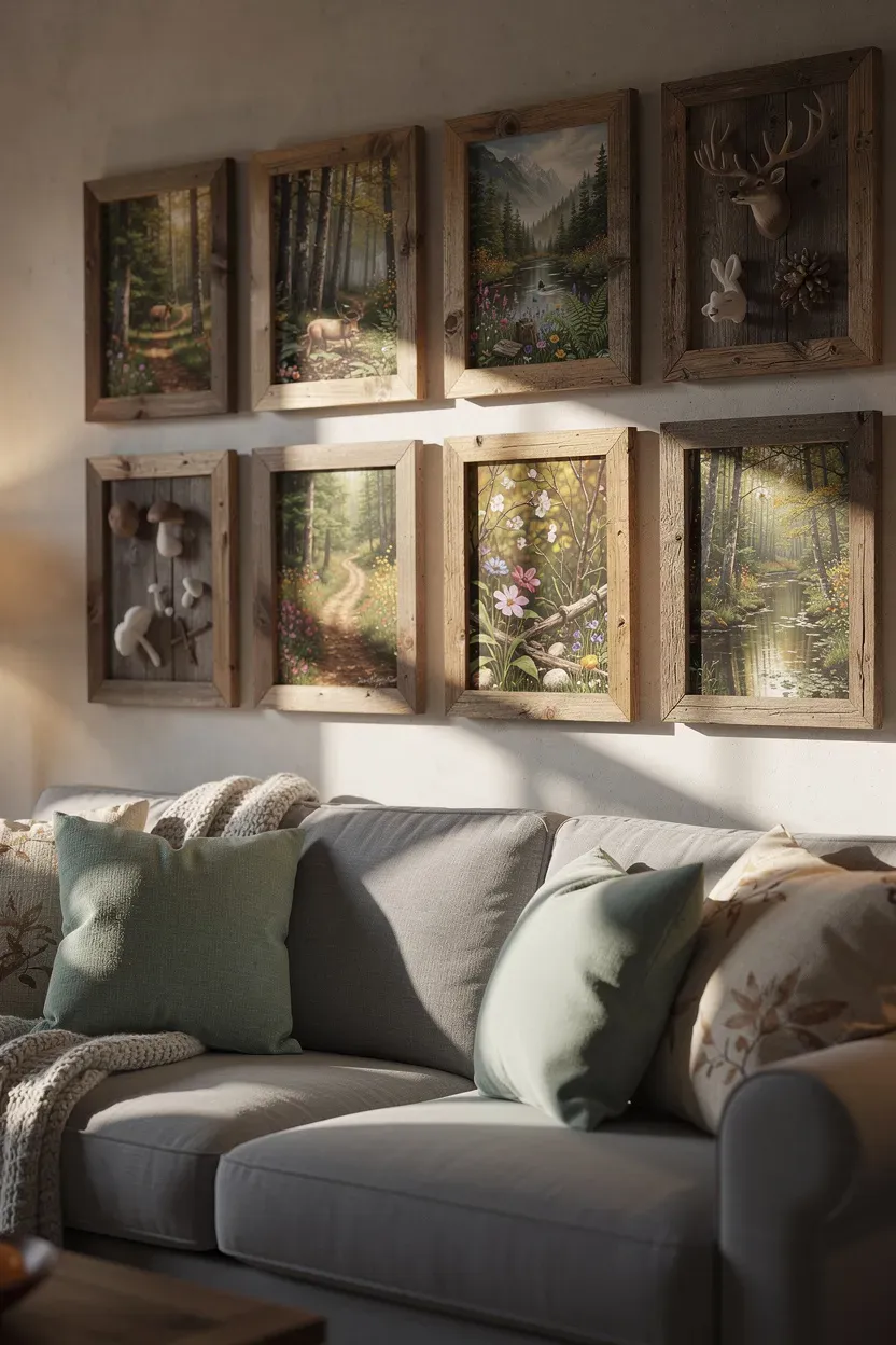 Living room adorned with rustic wall art featuring nature themes.
