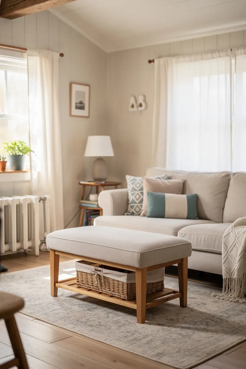 Cottage living room showcasing small space solutions with multifunctional furniture.
