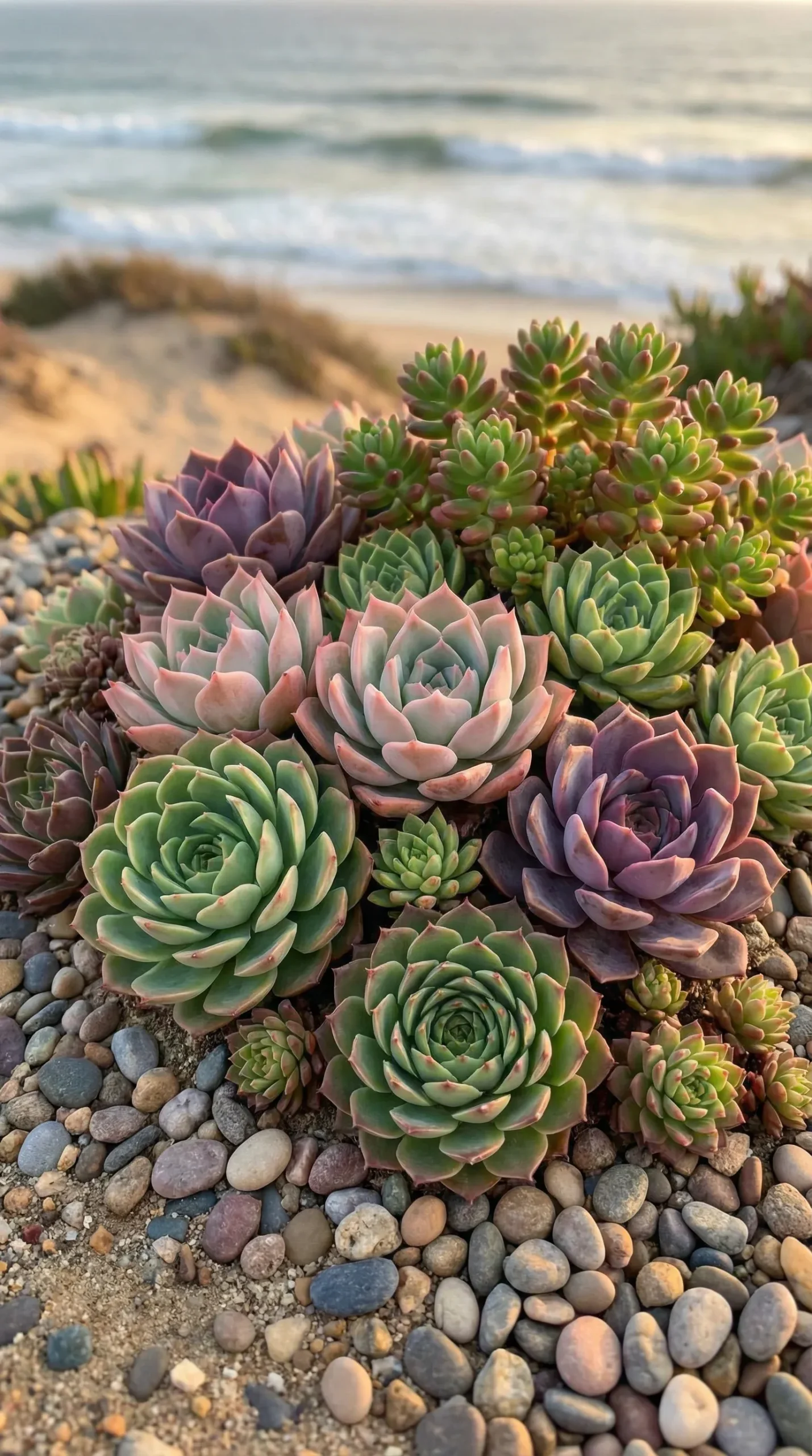 Artistic arrangement of colorful succulents in a coastal garden.