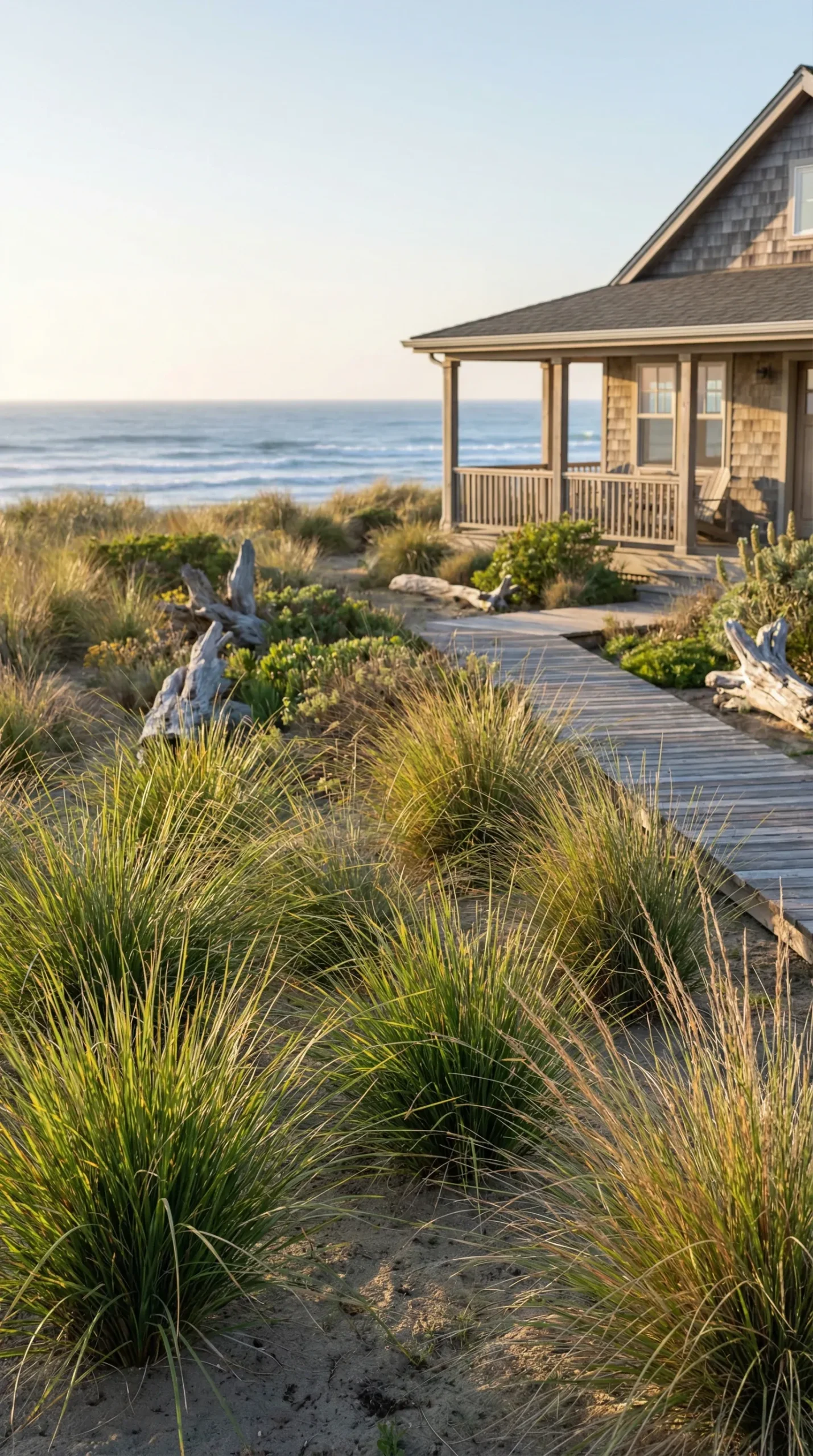 Coastal front yard featuring ornamental grasses and a serene atmosphere.