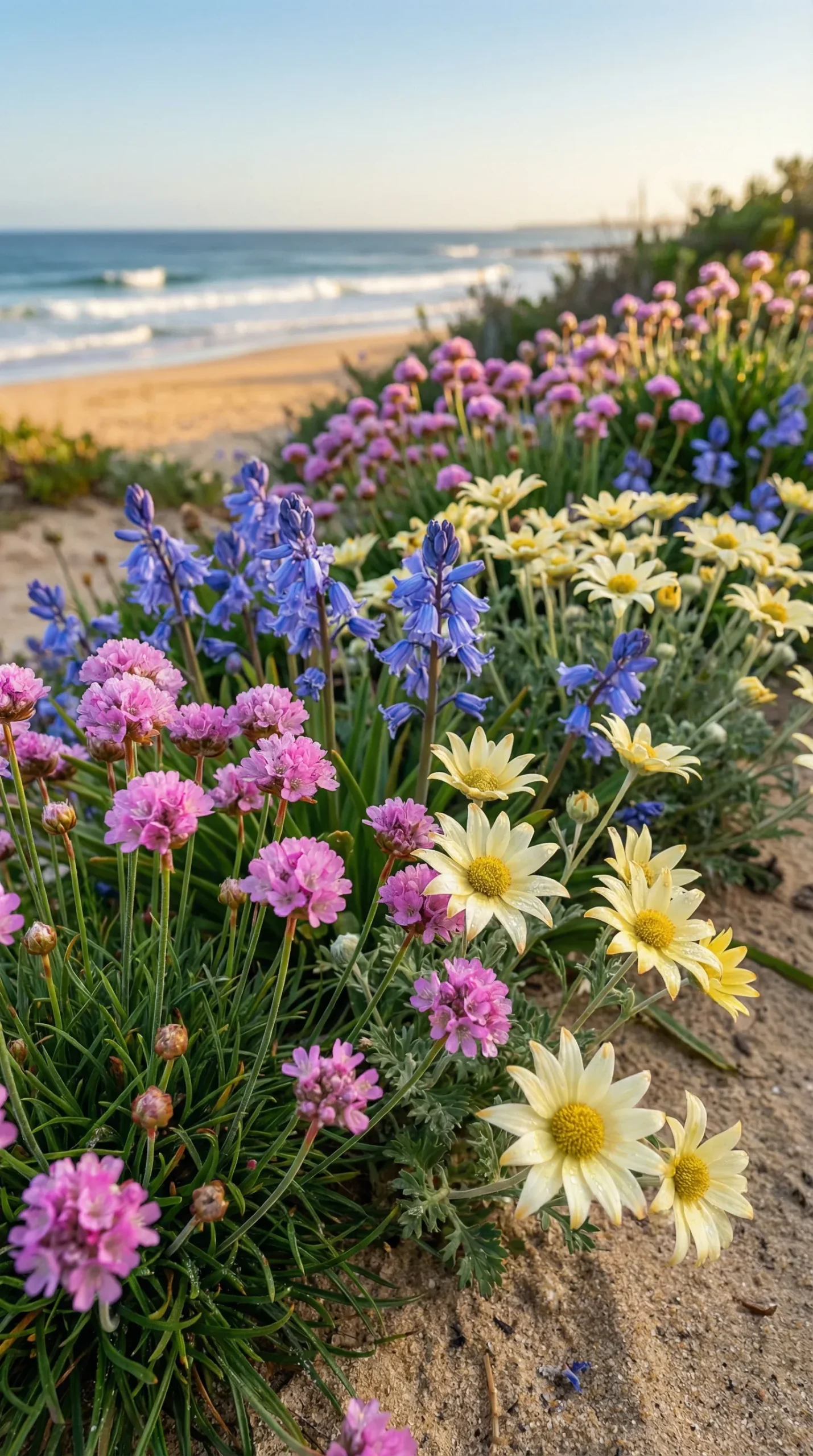 Vibrant coastal garden with colorful flower borders enhancing the beach vibe.
