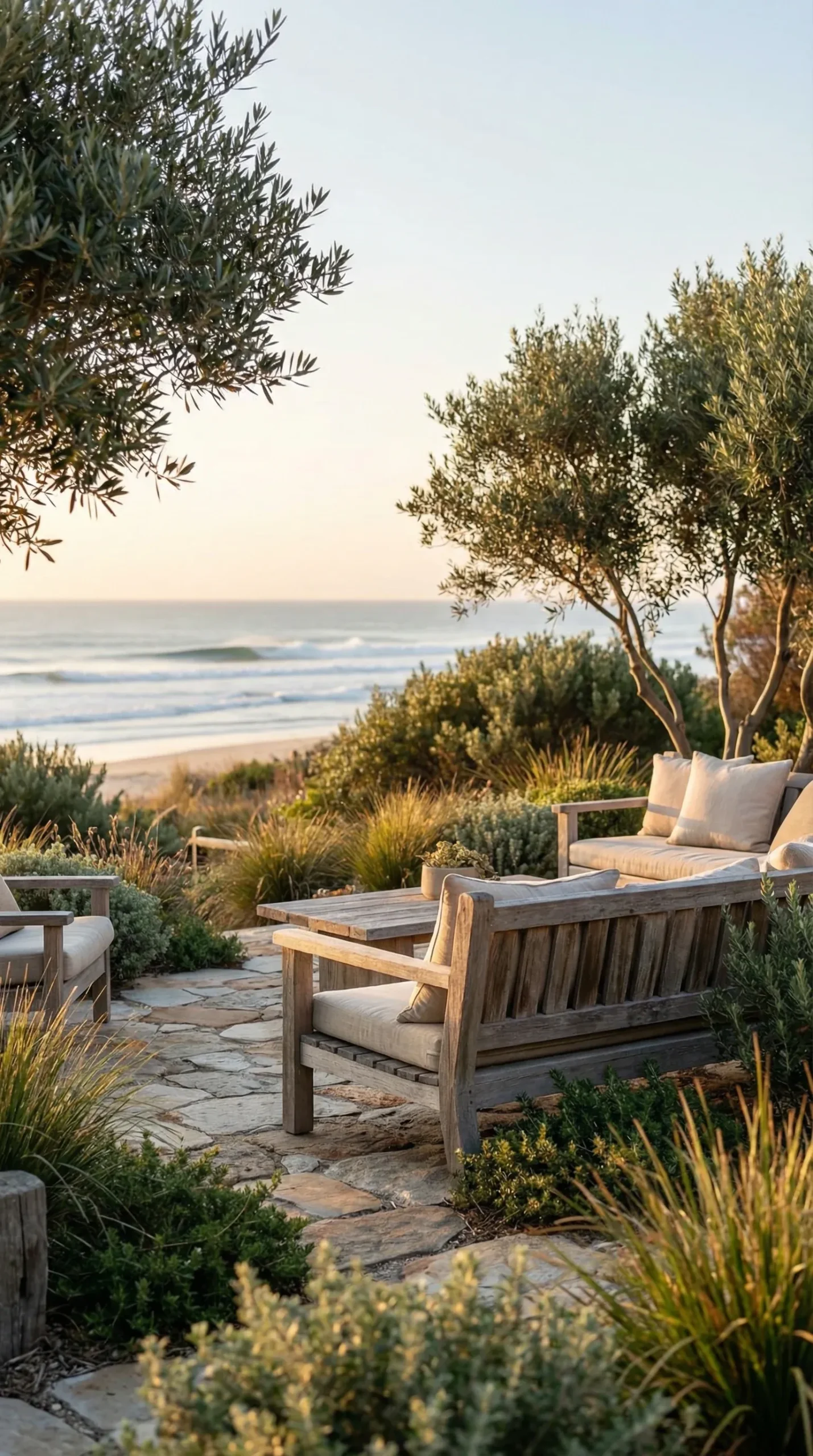 Serene coastal patio space designed for relaxation with natural materials.