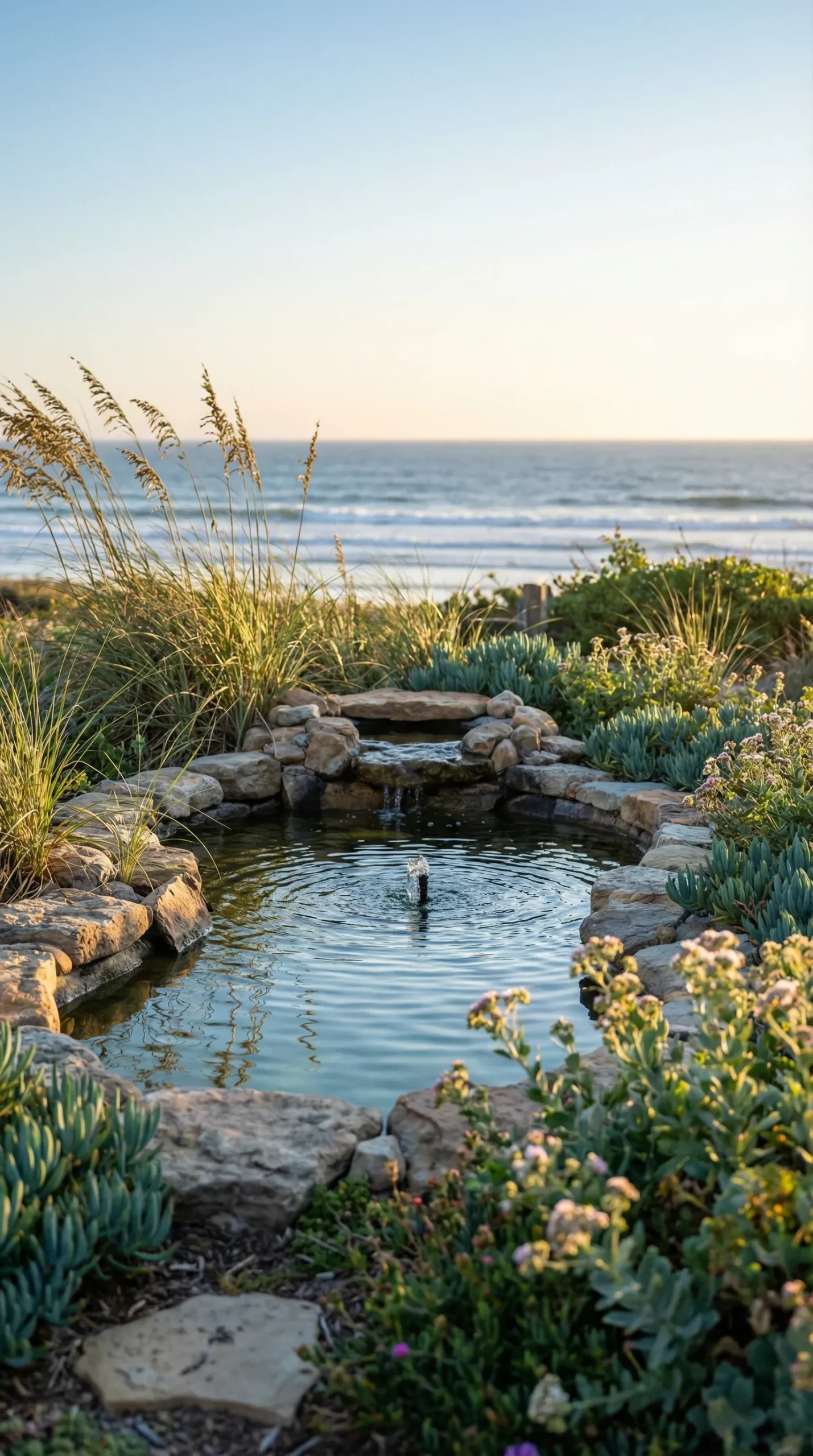 Tranquil coastal garden featuring a harmonious water feature.
