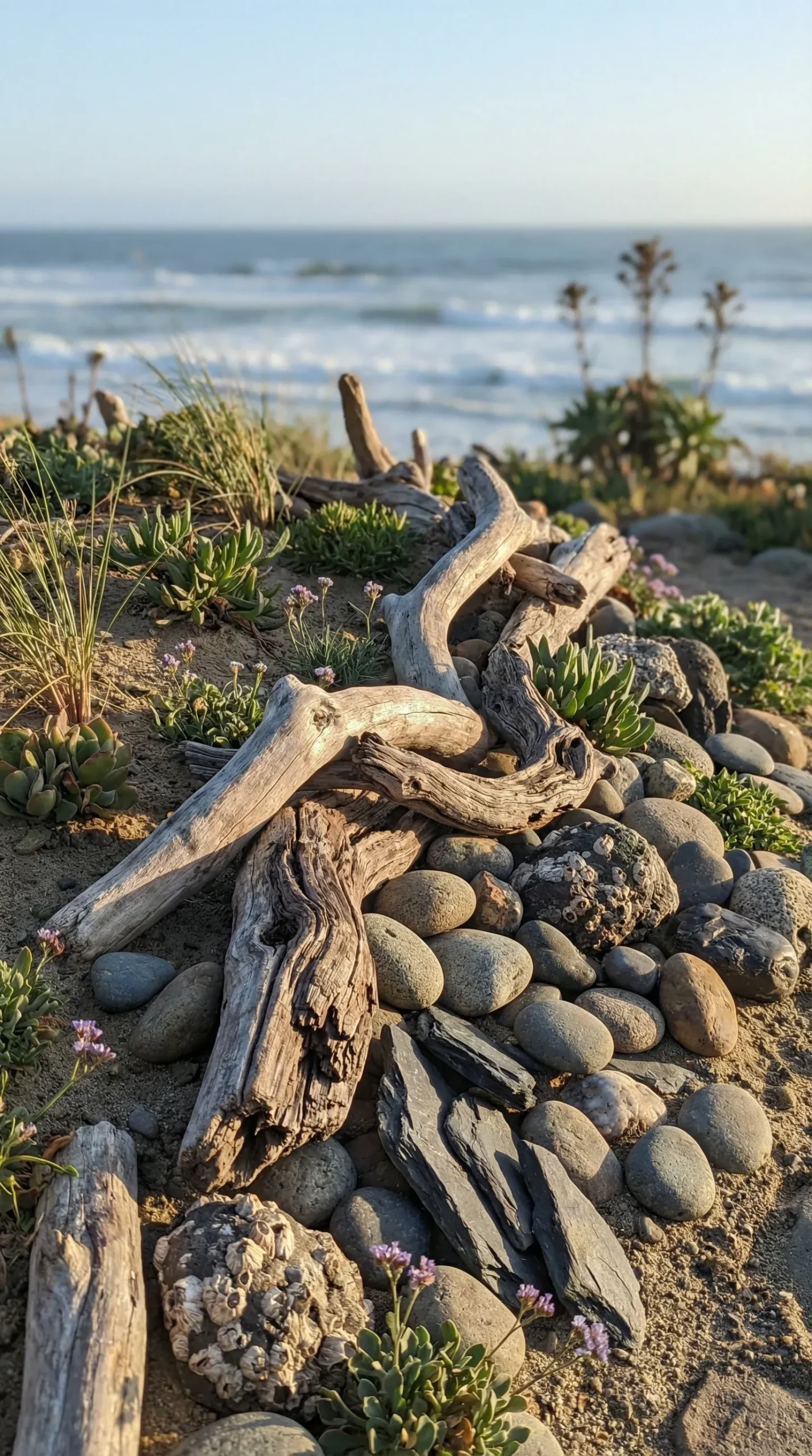 Coastal garden design incorporating driftwood and rocks as natural decor.