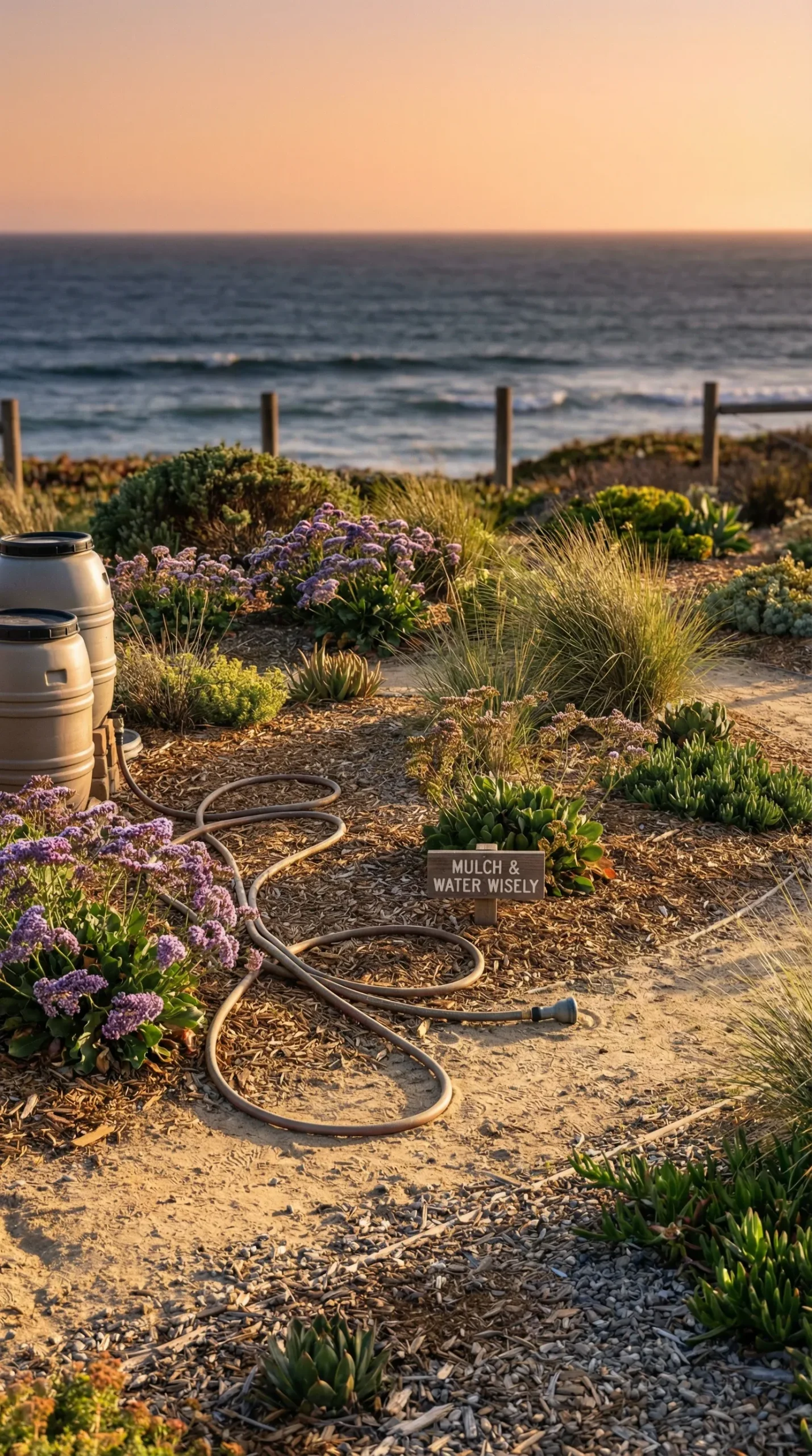 Well-maintained coastal garden showcasing practical maintenance elements.