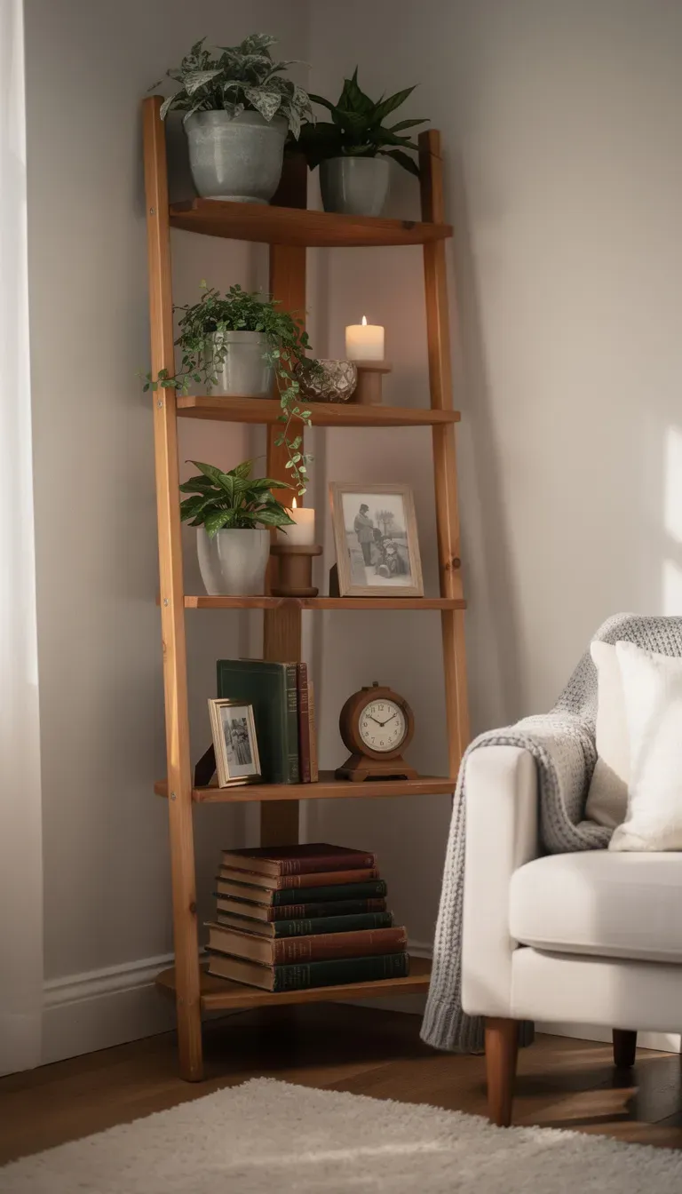 A corner ladder shelf filled with books and plants in a cozy nook.