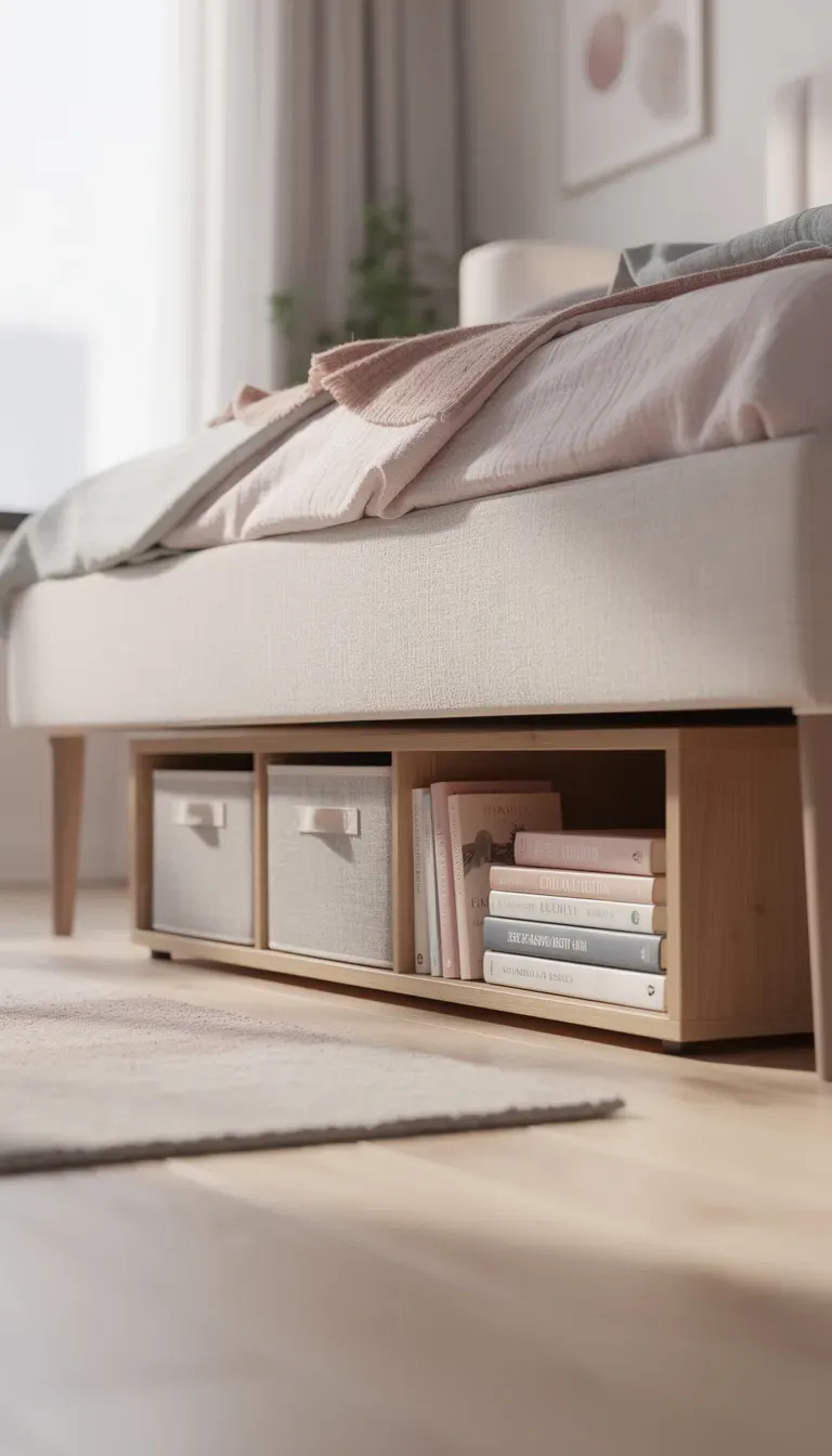 A low-profile bookshelf under a bed, organized with books and bins in a stylish bedroom.