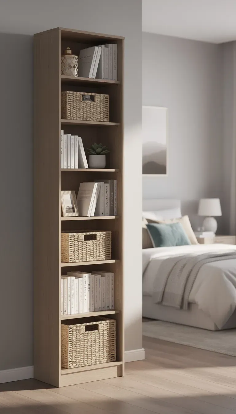 A vertical bookcase with books and decorative baskets in a stylish bedroom.