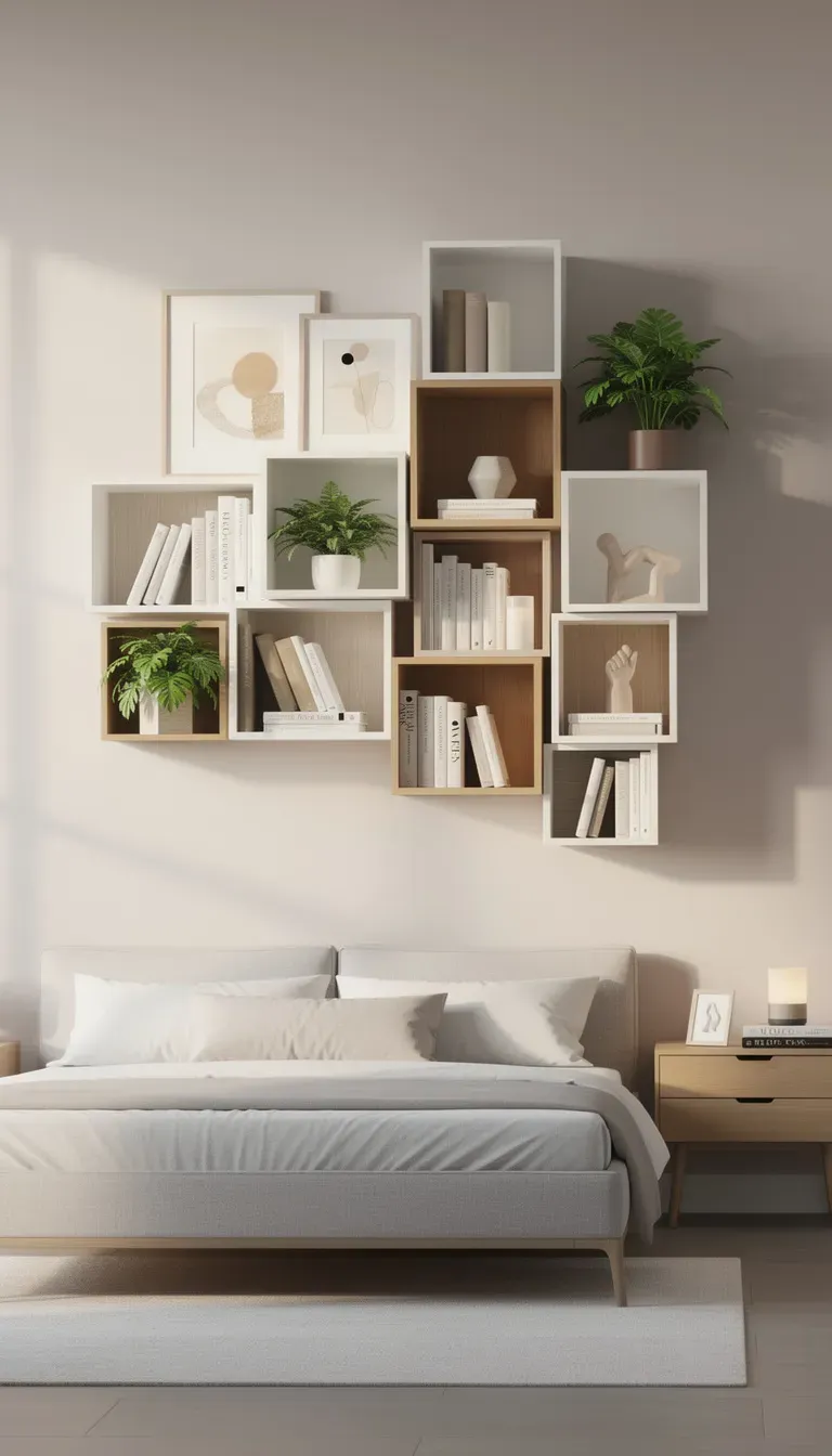 Wall-mounted cube shelves displaying books and decor in a modern bedroom.