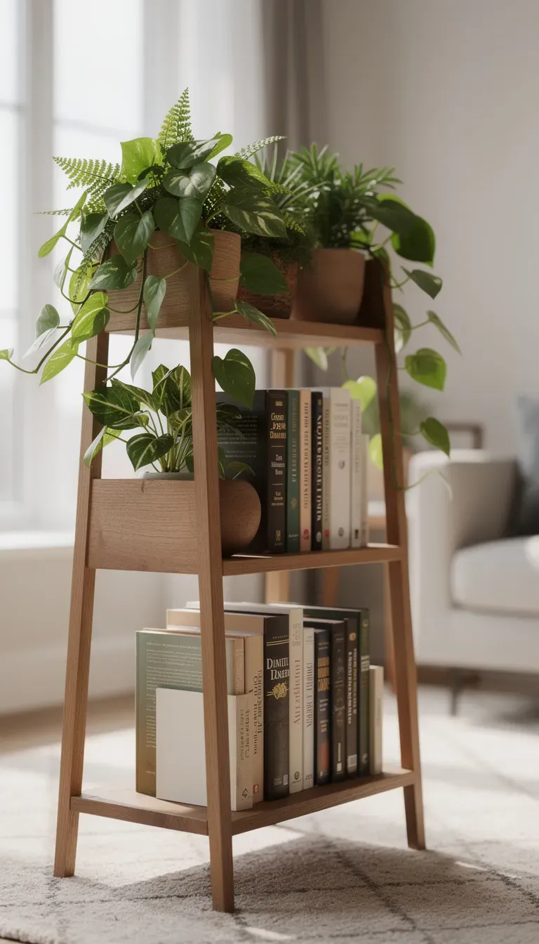 A multi-tiered plant stand used as a bookshelf, showcasing books and plants.