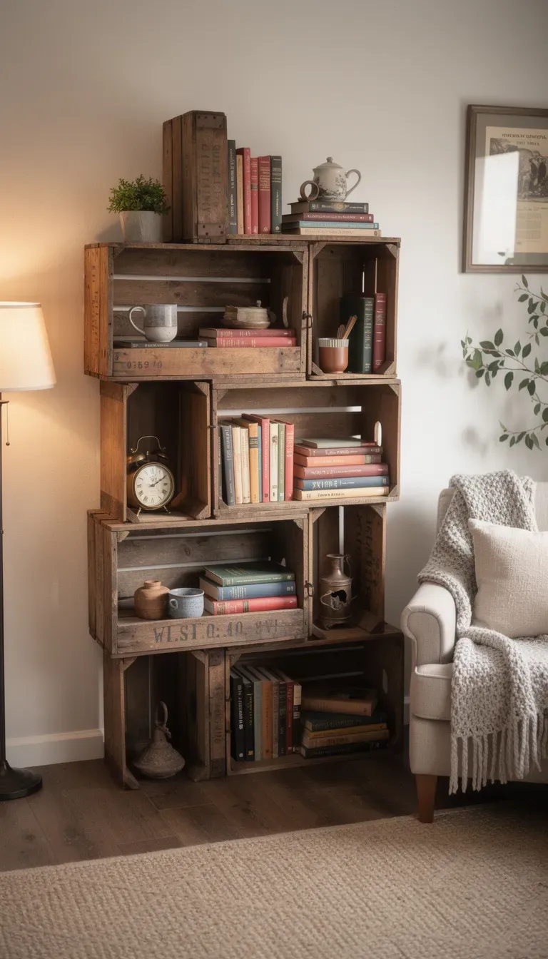 A rustic bookshelf made from repurposed antique crates displaying books.