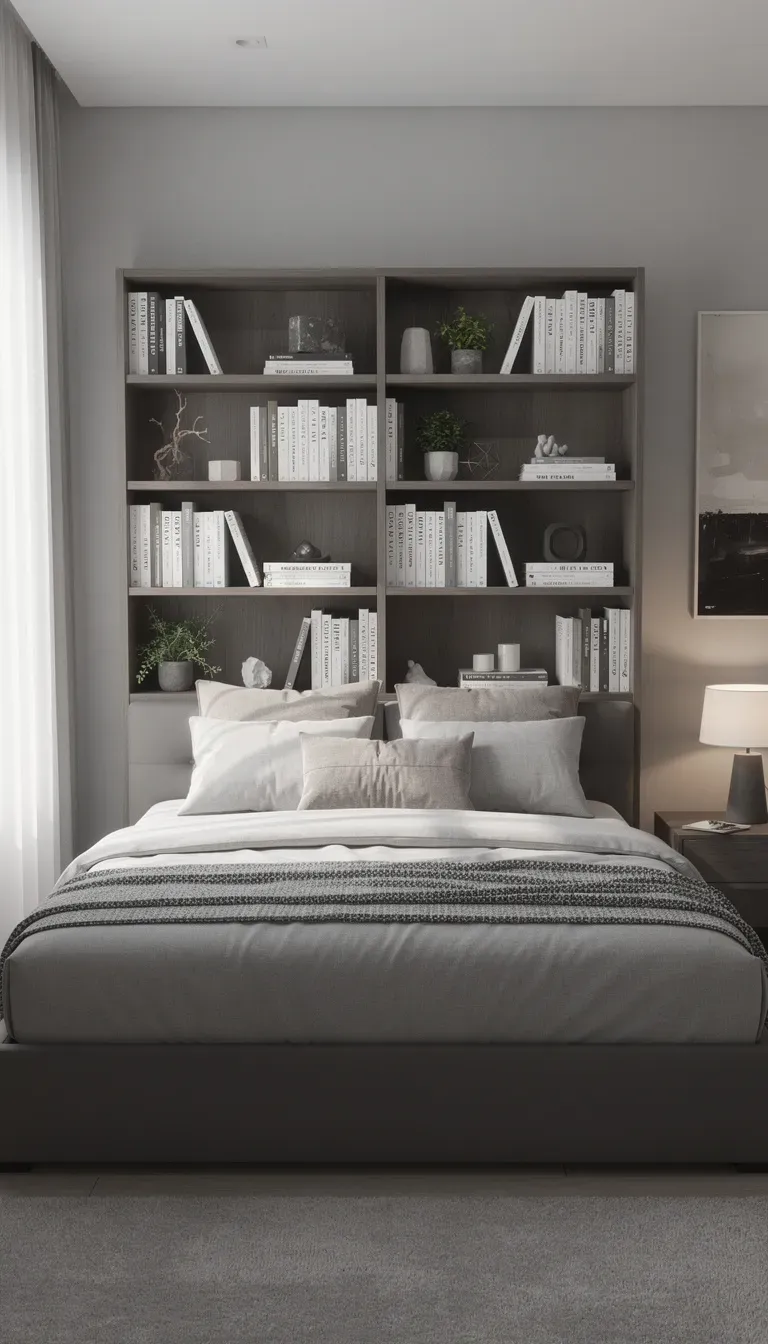 A stylish bookcase headboard providing storage and support in a compact bedroom.