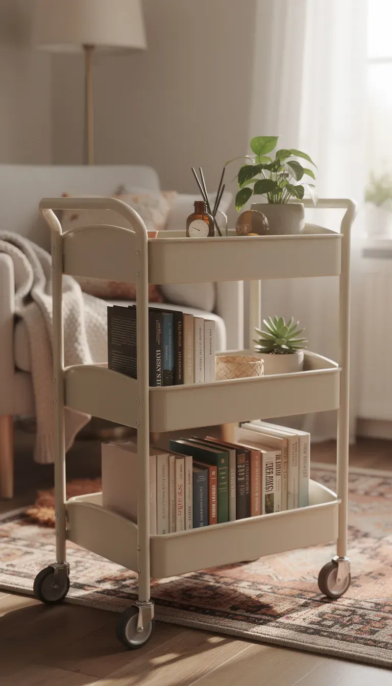 A small rolling cart serving as a mobile bookshelf in a cozy room.