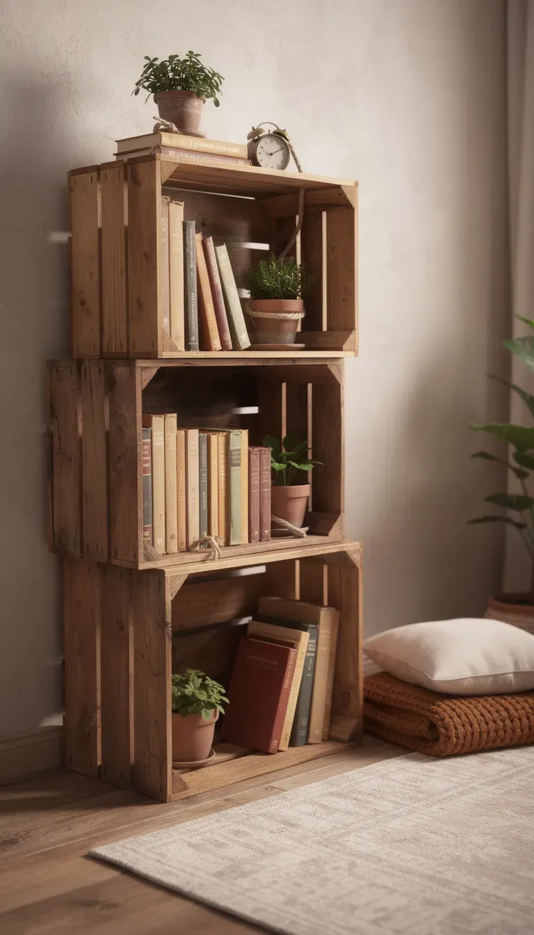 Stacked wooden boxes used as a DIY bookshelf in a cozy room.