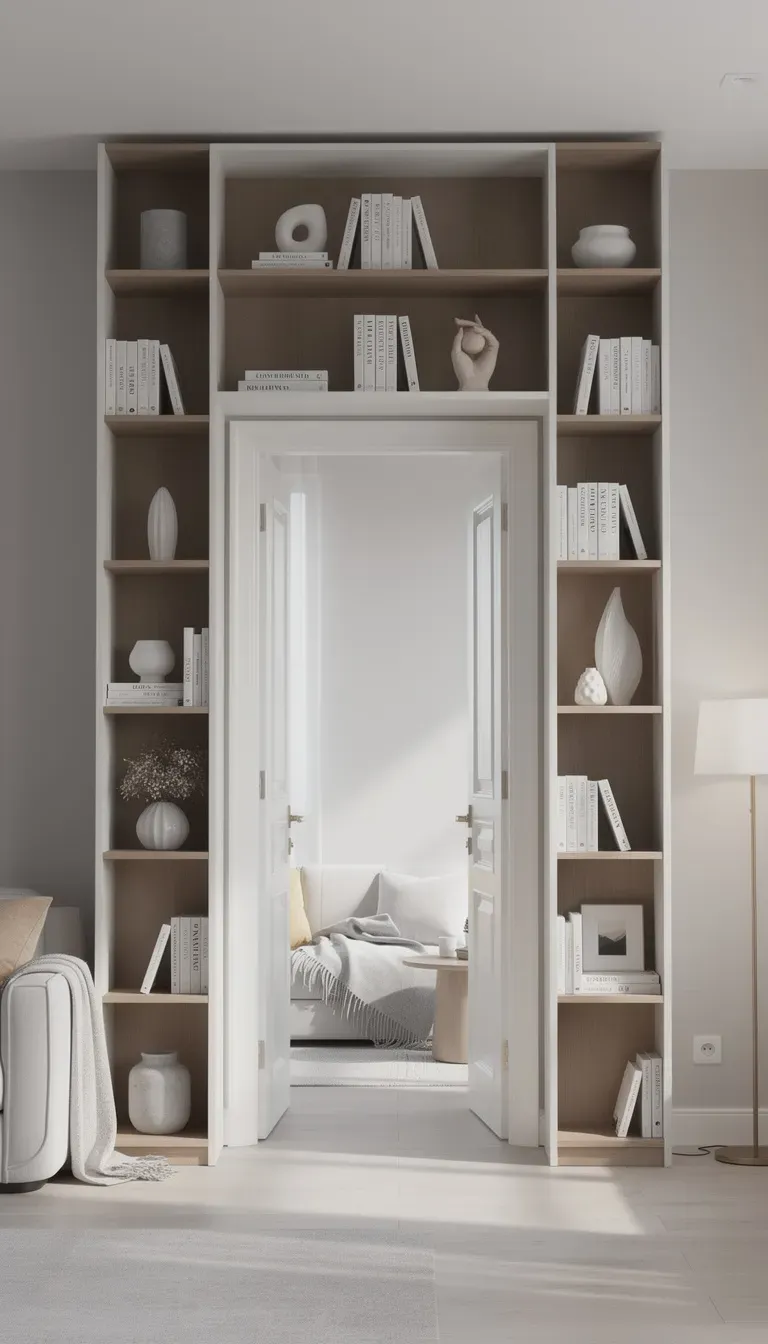 Built-in shelves around a doorway serving as a stylish bookshelf.