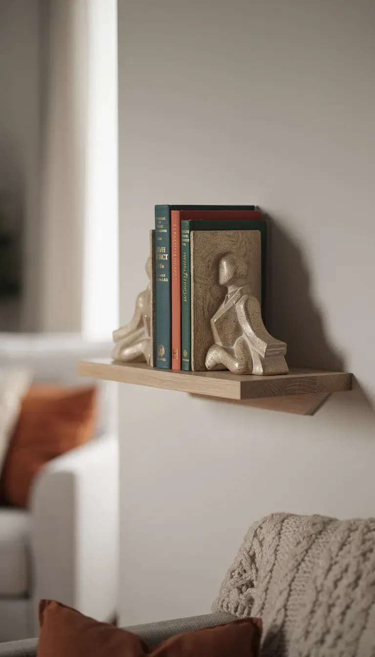 A small shelf with decorative bookends displaying books in a cozy room.