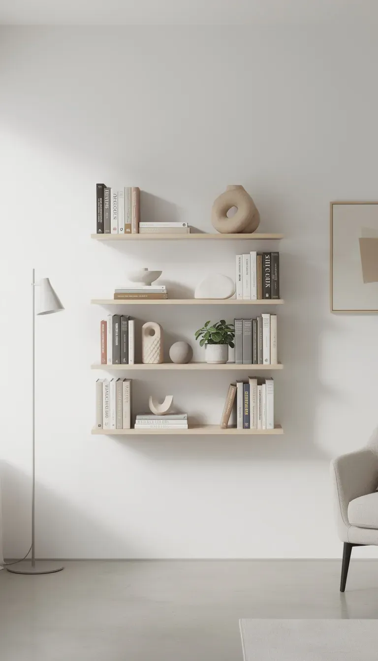 Minimized open shelving displaying books and decor in a stylish room.